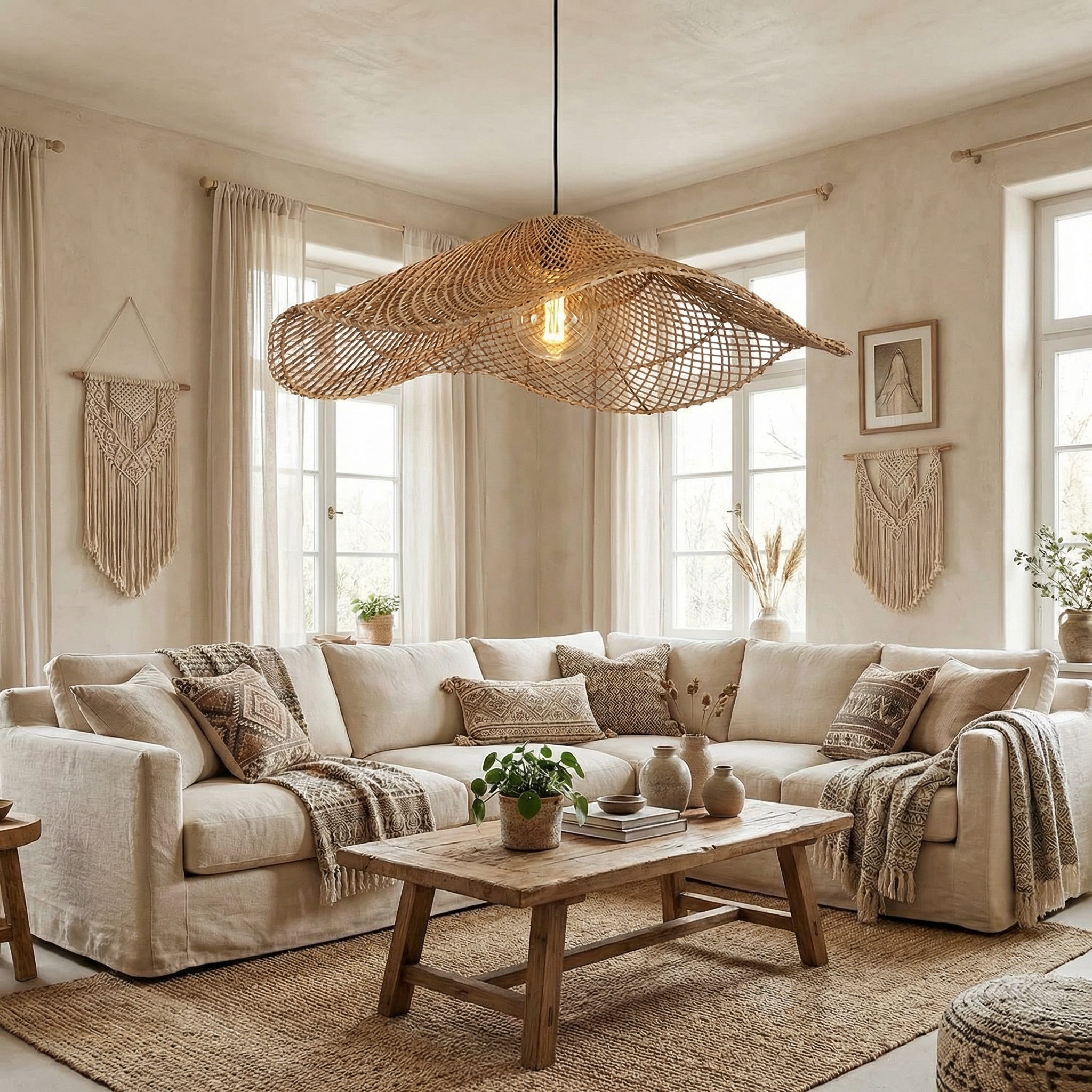 Boho Rattan Cluster Pendant Light  Woven Chandelier for Coastal & Wabi-Sabi Dining Areas