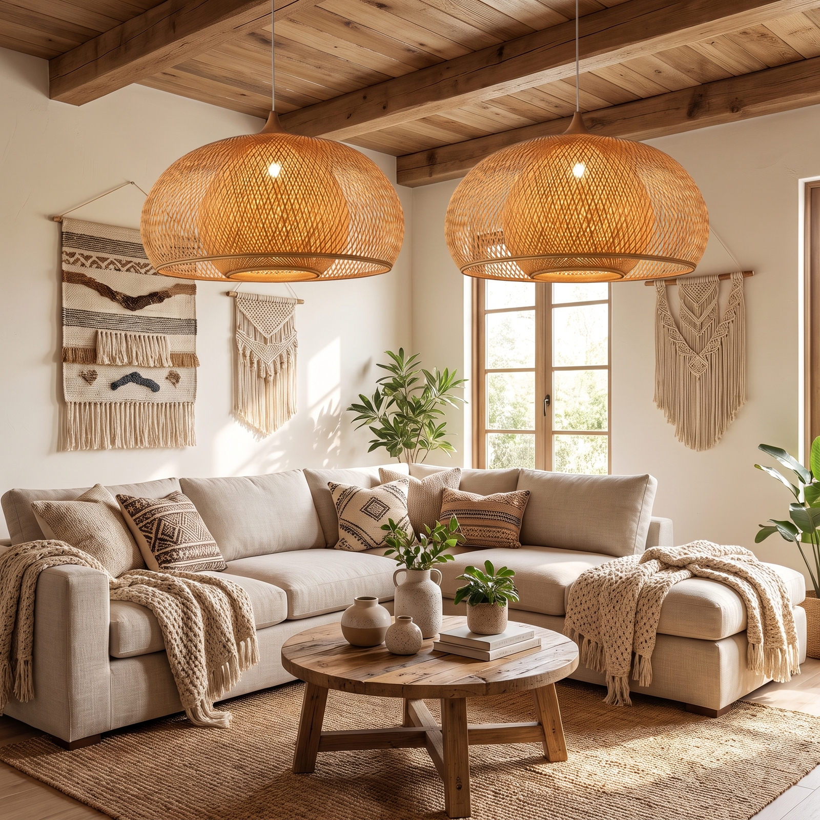 Open Weave Dome Rattan Pendant Light Boho Wicker Hanging Ceiling Lamp for Bedroom