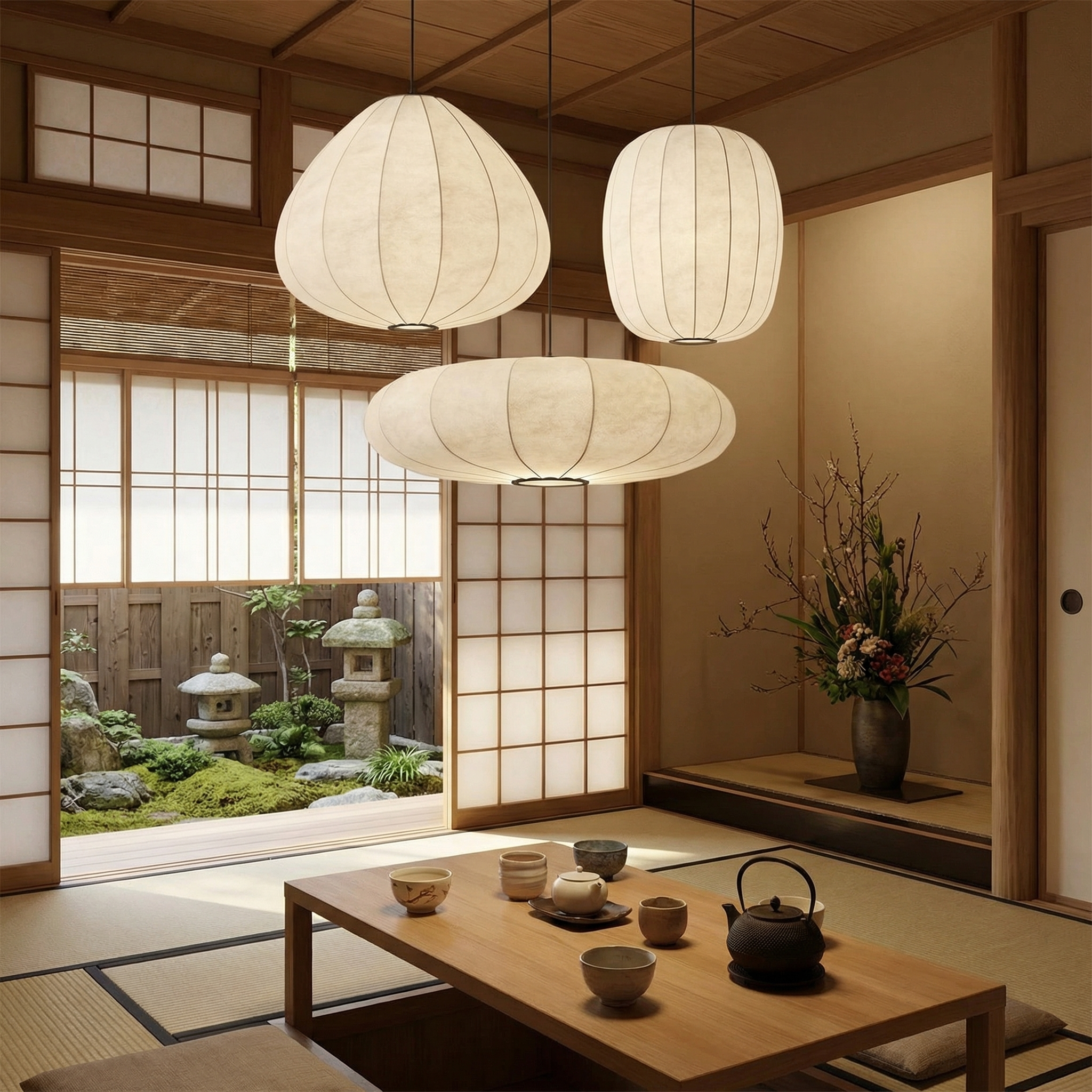 Wabi-Sabi Silk Pendant Light Set Lantern Chandelier for Restaurant & Tea Room