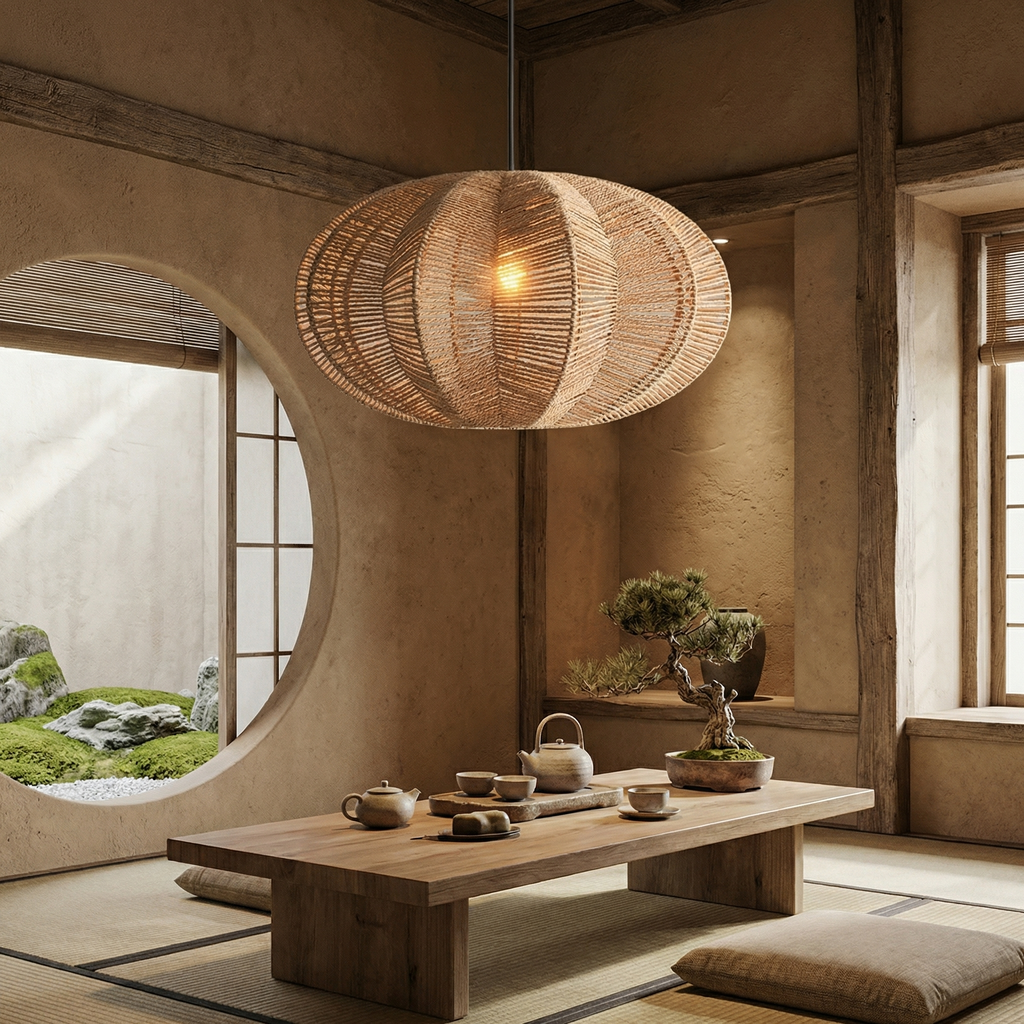 Natural Rattan Woven Pendant Lamp Rustic Coastal Ceiling Light Fixture