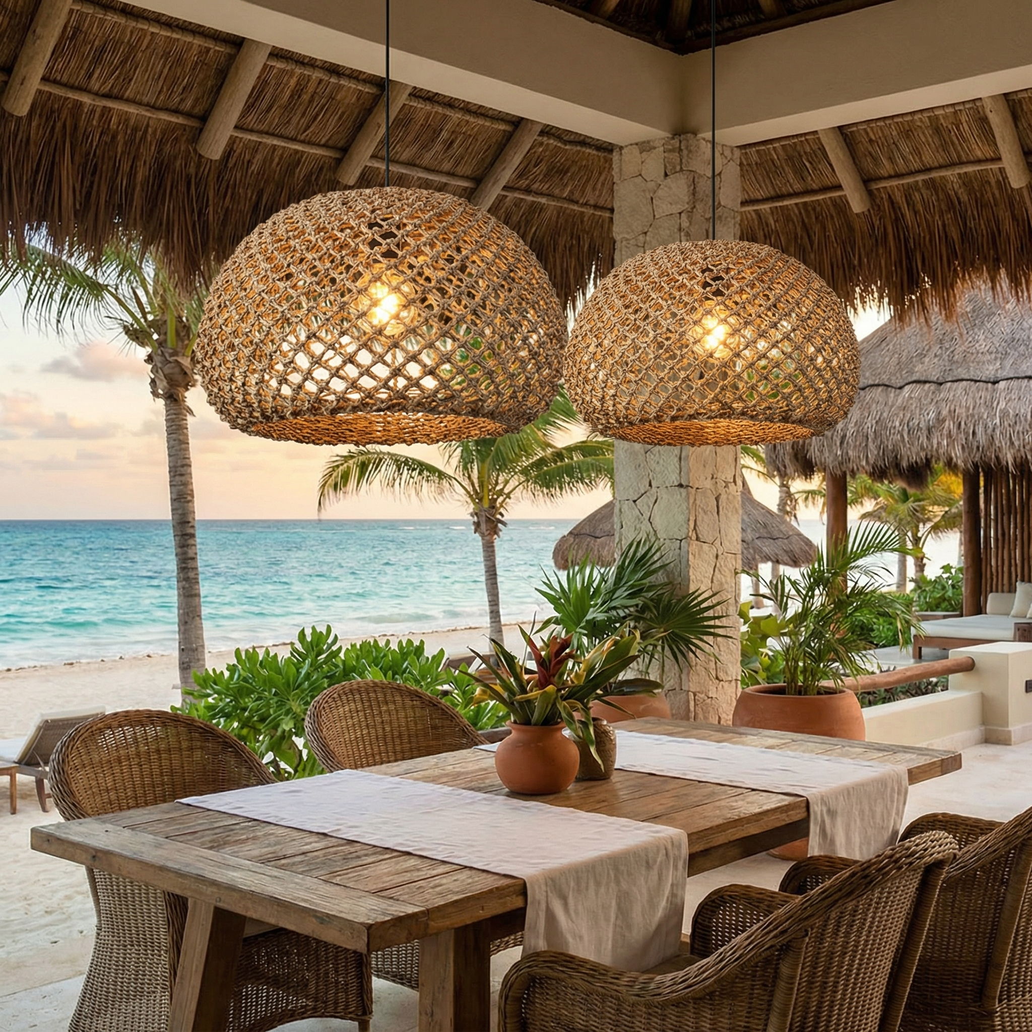 Living Room Hand Woven Brown Seagrass Rattan Pendant Light