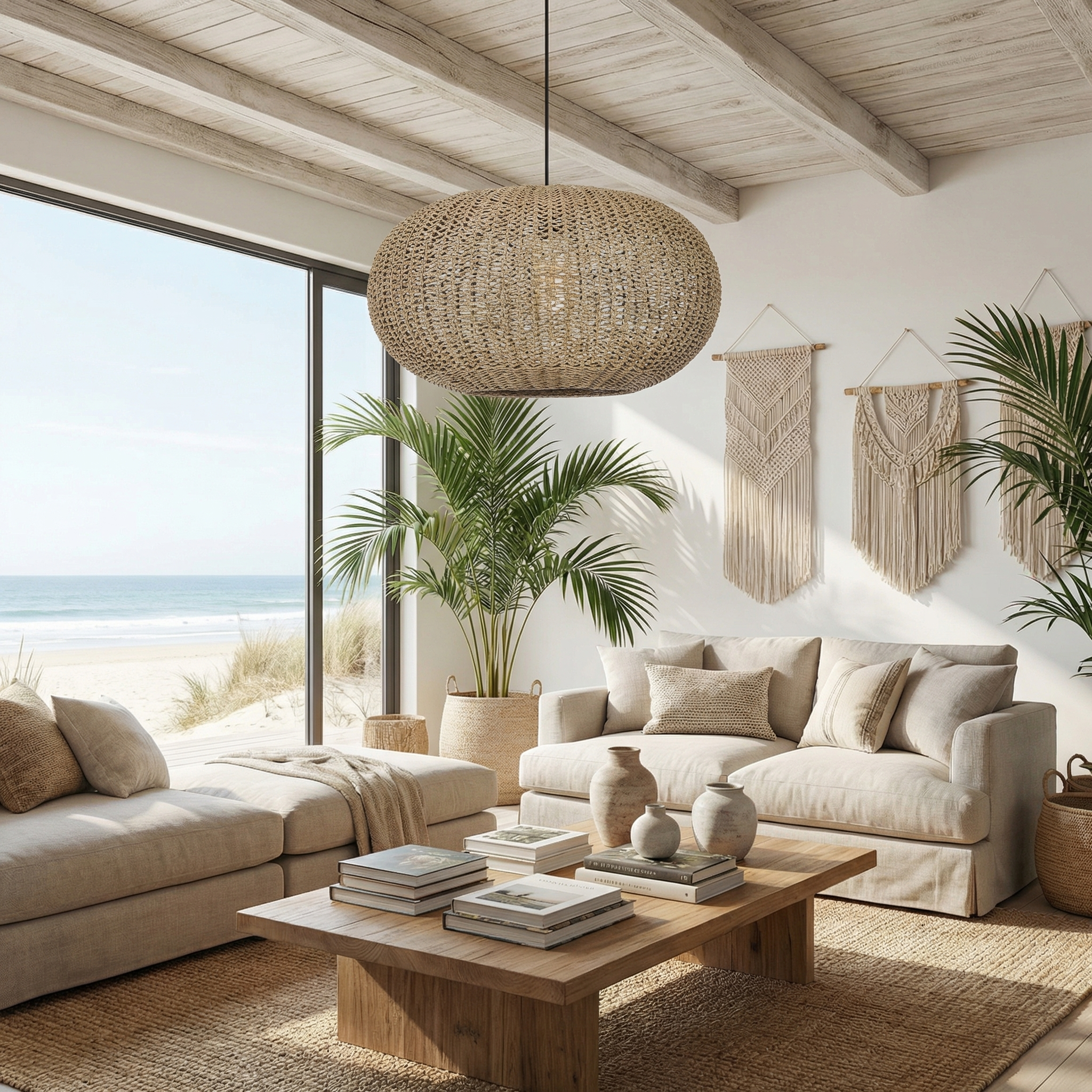 Handwoven Rattan Oval Pendant Light  Coastal Boho Chandelier for Living Room & Beach House