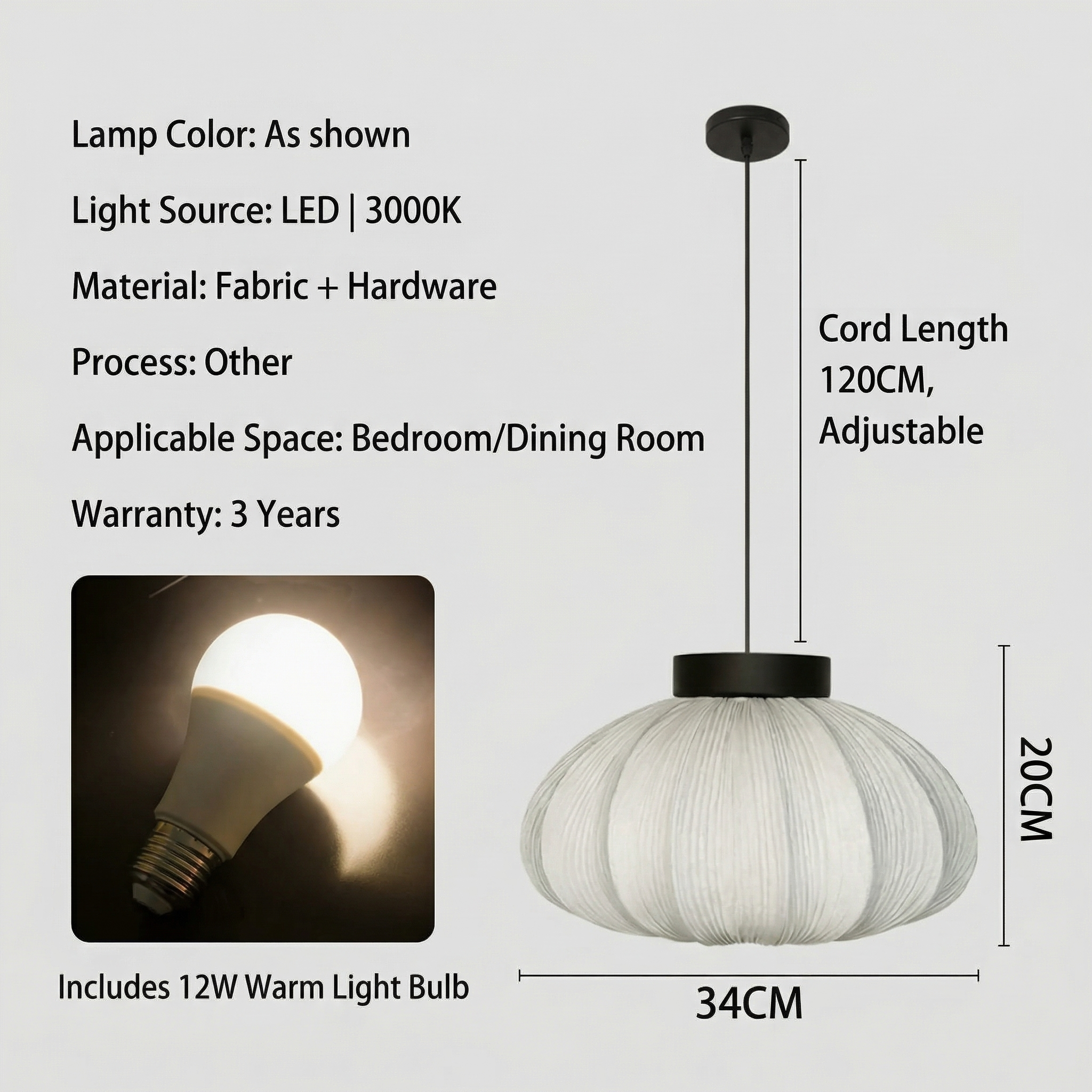 Wabi-Sabi Pleated Fabric Pendant Light Minimalist Linen Hanging Lamp for Bedroom & Dining Room