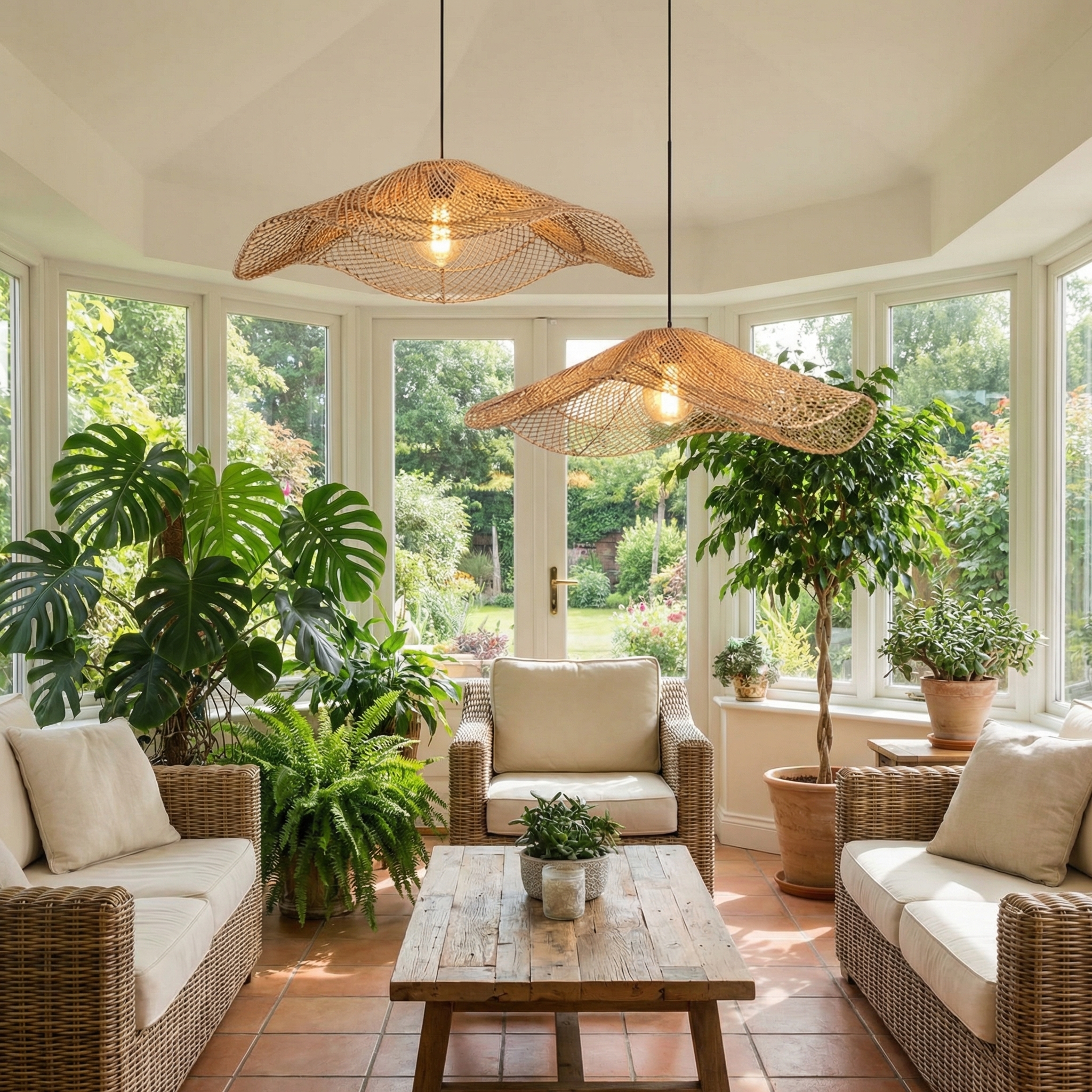 Boho Rattan Cluster Pendant Light  Woven Chandelier for Coastal & Wabi-Sabi Dining Areas