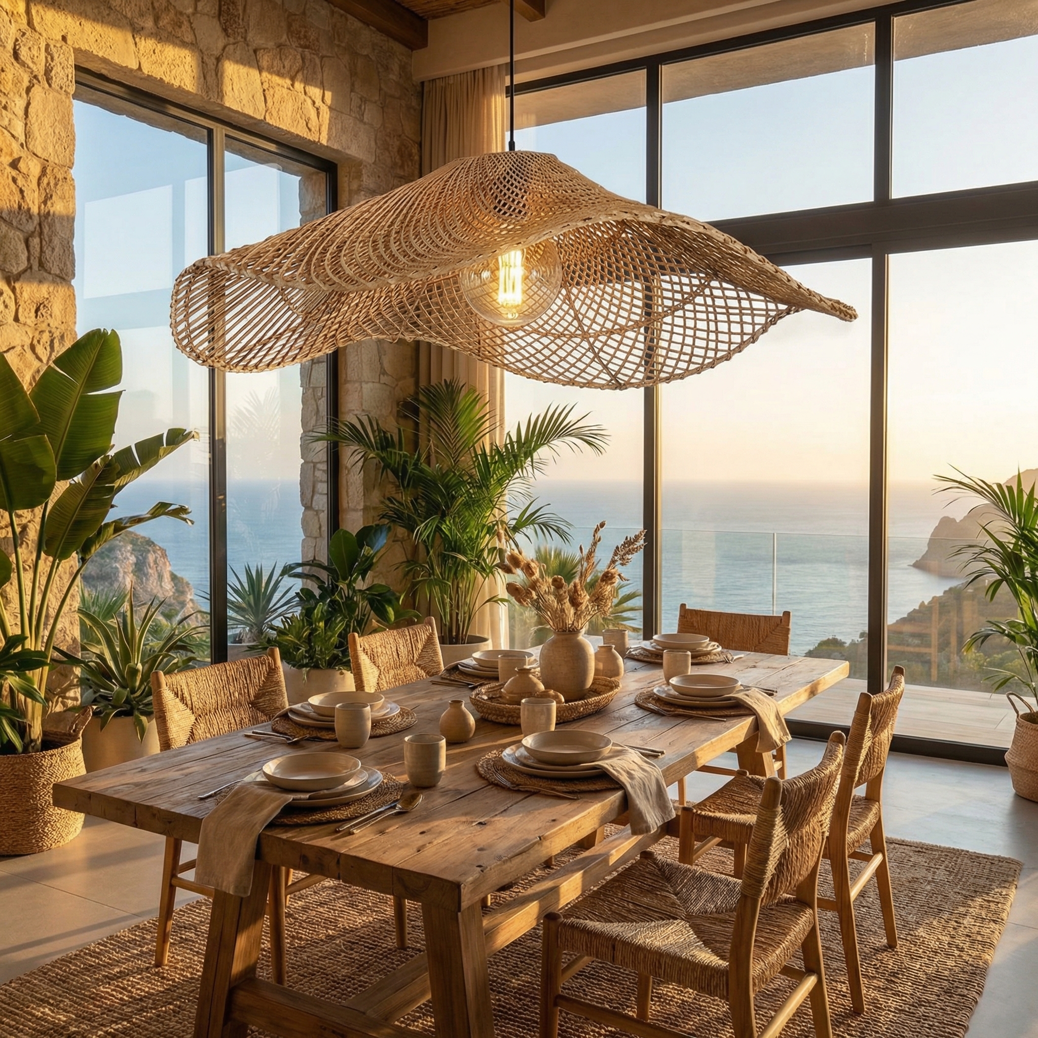 Boho Rattan Cluster Pendant Light  Woven Chandelier for Coastal & Wabi-Sabi Dining Areas