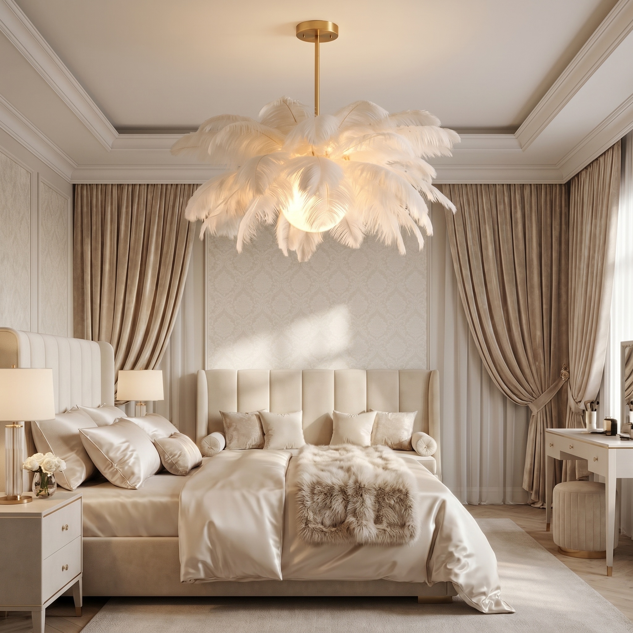 White Ostrich Feather Bouquet Pendant Light Romantic Mounted Lighting Fixture for Restaurant Bedroom