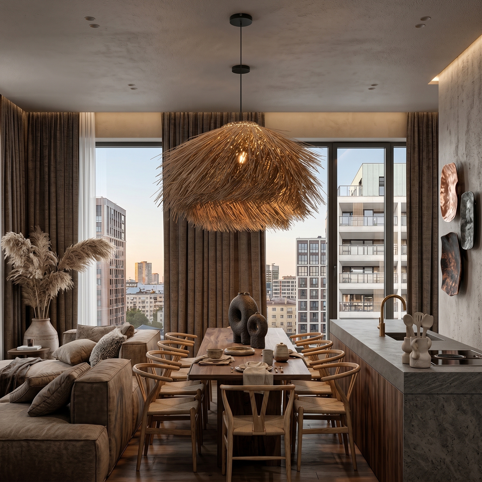 Wabi-sabi Style Rattan Brown Chandelier Dining Room Pendant Light