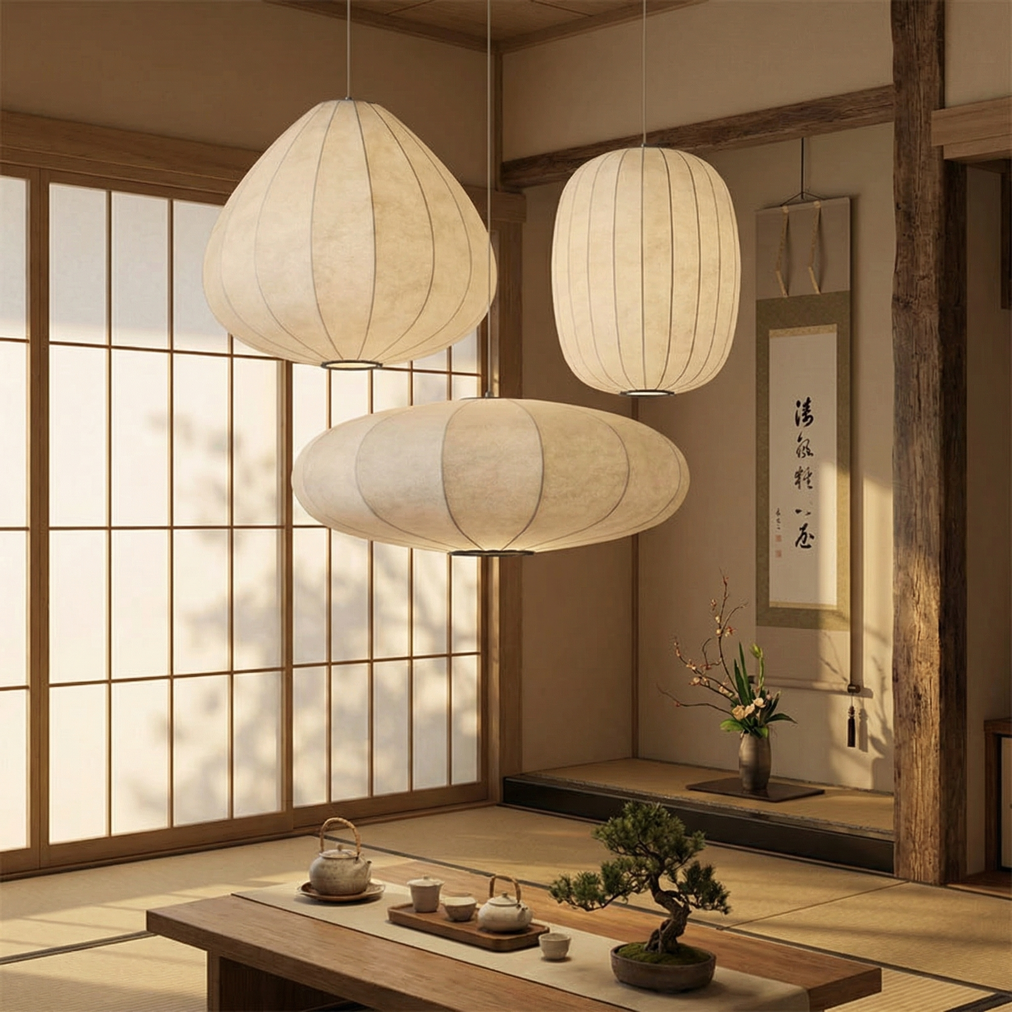 Wabi-Sabi Silk Pendant Light Set Lantern Chandelier for Restaurant & Tea Room