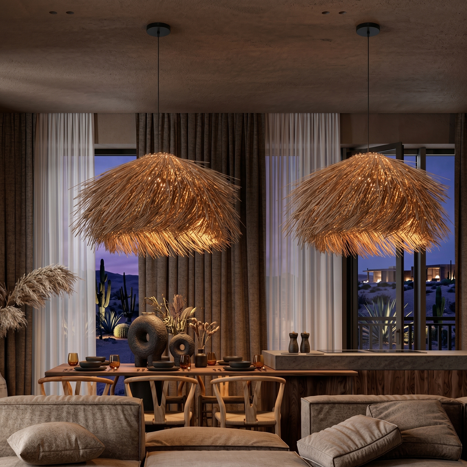Wabi-sabi Style Rattan Brown Chandelier Dining Room Pendant Light