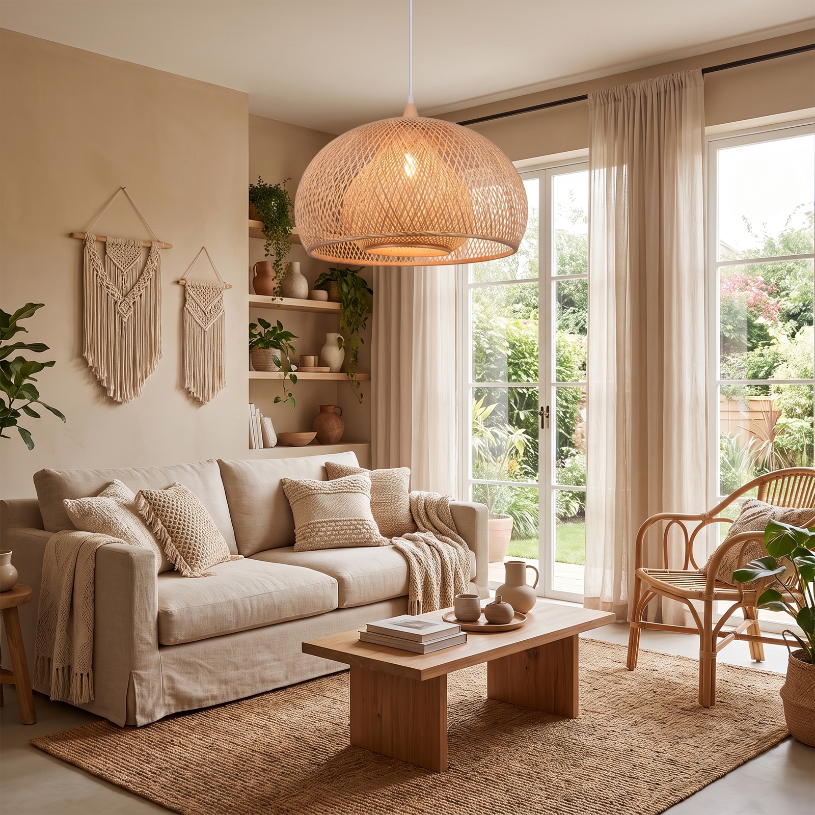 Open Weave Dome Rattan Pendant Light Boho Wicker Hanging Ceiling Lamp for Bedroom