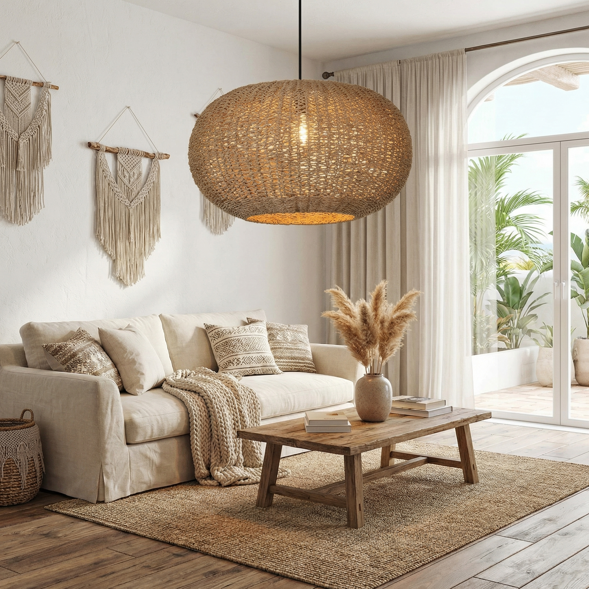 Handwoven Rattan Oval Pendant Light  Coastal Boho Chandelier for Living Room & Beach House