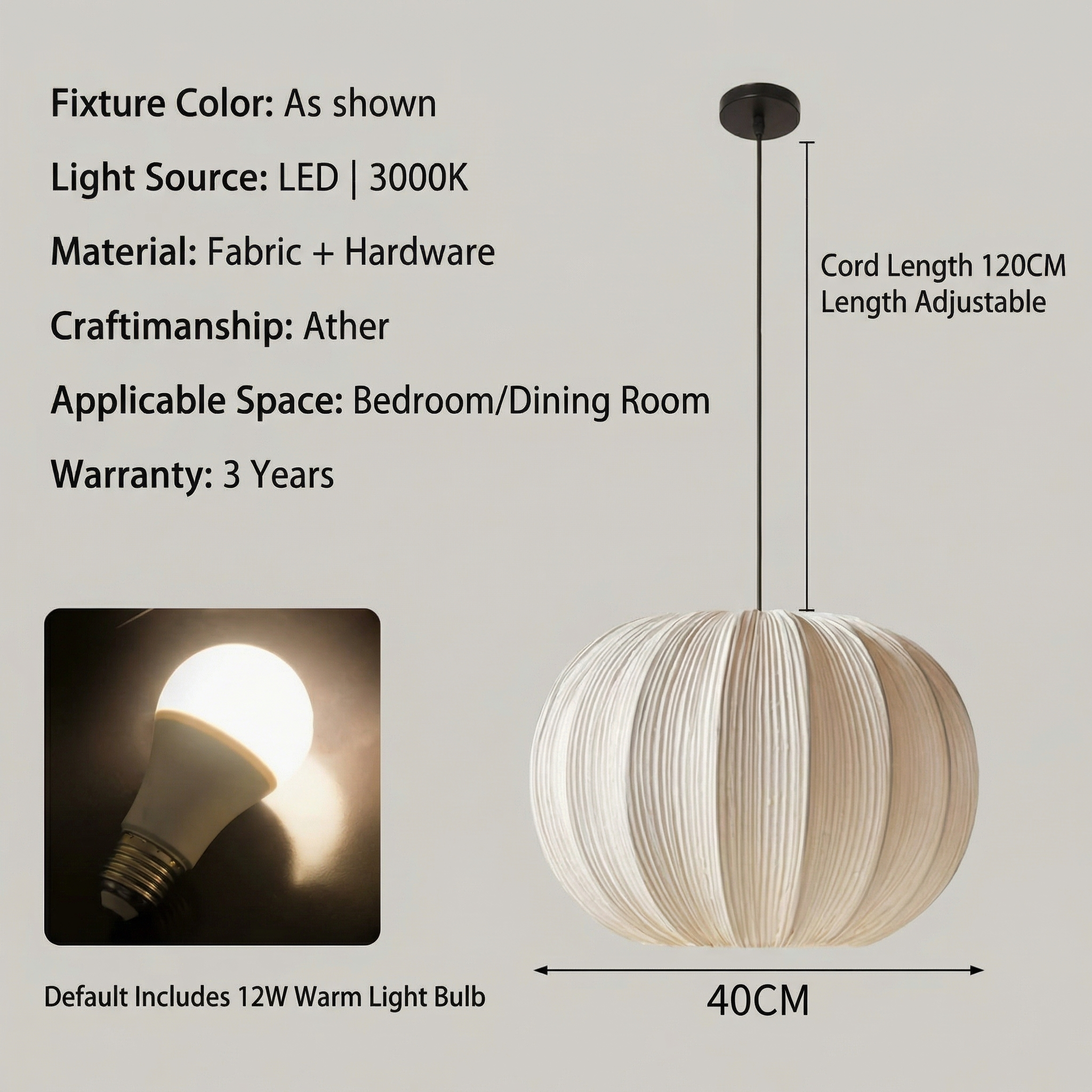 Wabi-Sabi Pleated Fabric Pendant Light Minimalist Linen Hanging Lamp for Bedroom & Dining Room