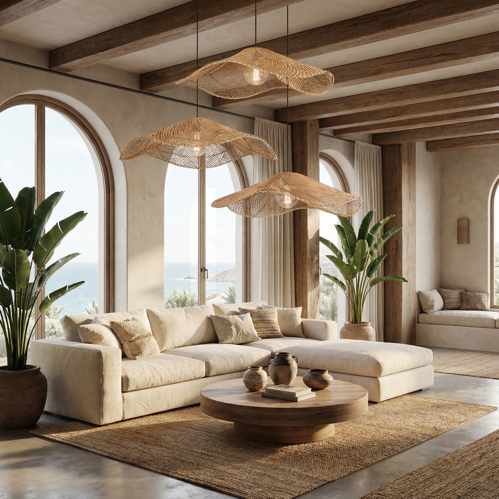 Boho Rattan Cluster Pendant Light  Woven Chandelier for Coastal & Wabi-Sabi Dining Areas