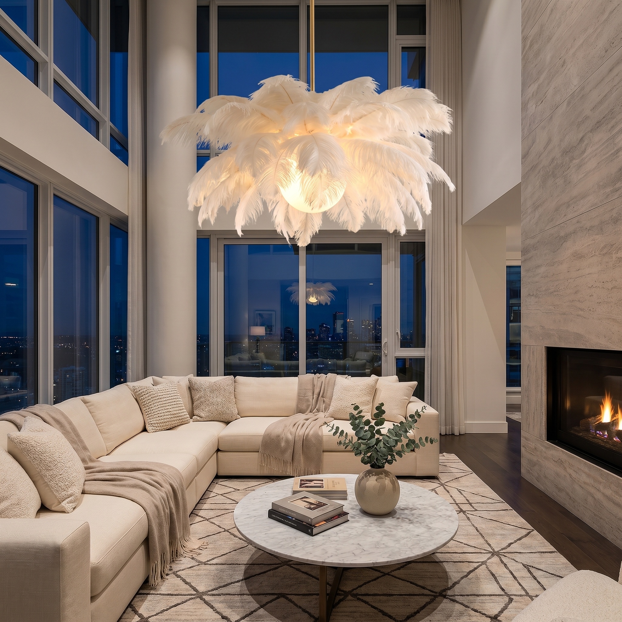 White Ostrich Feather Bouquet Pendant Light Romantic Mounted Lighting Fixture for Restaurant Bedroom