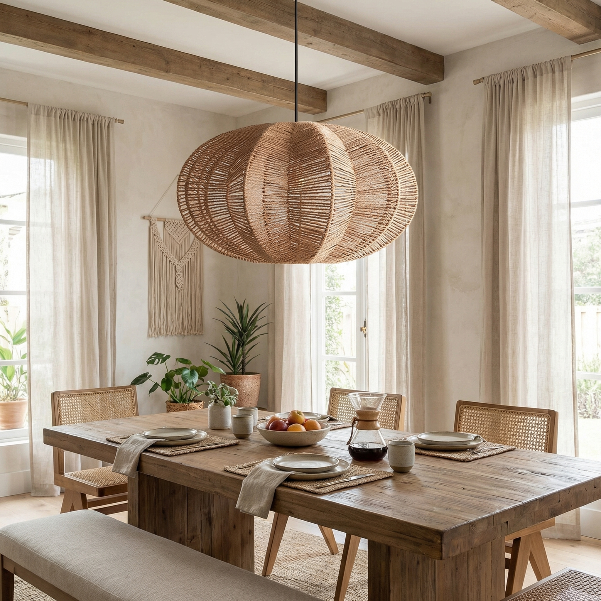 Natural Rattan Woven Pendant Lamp Rustic Coastal Ceiling Light Fixture