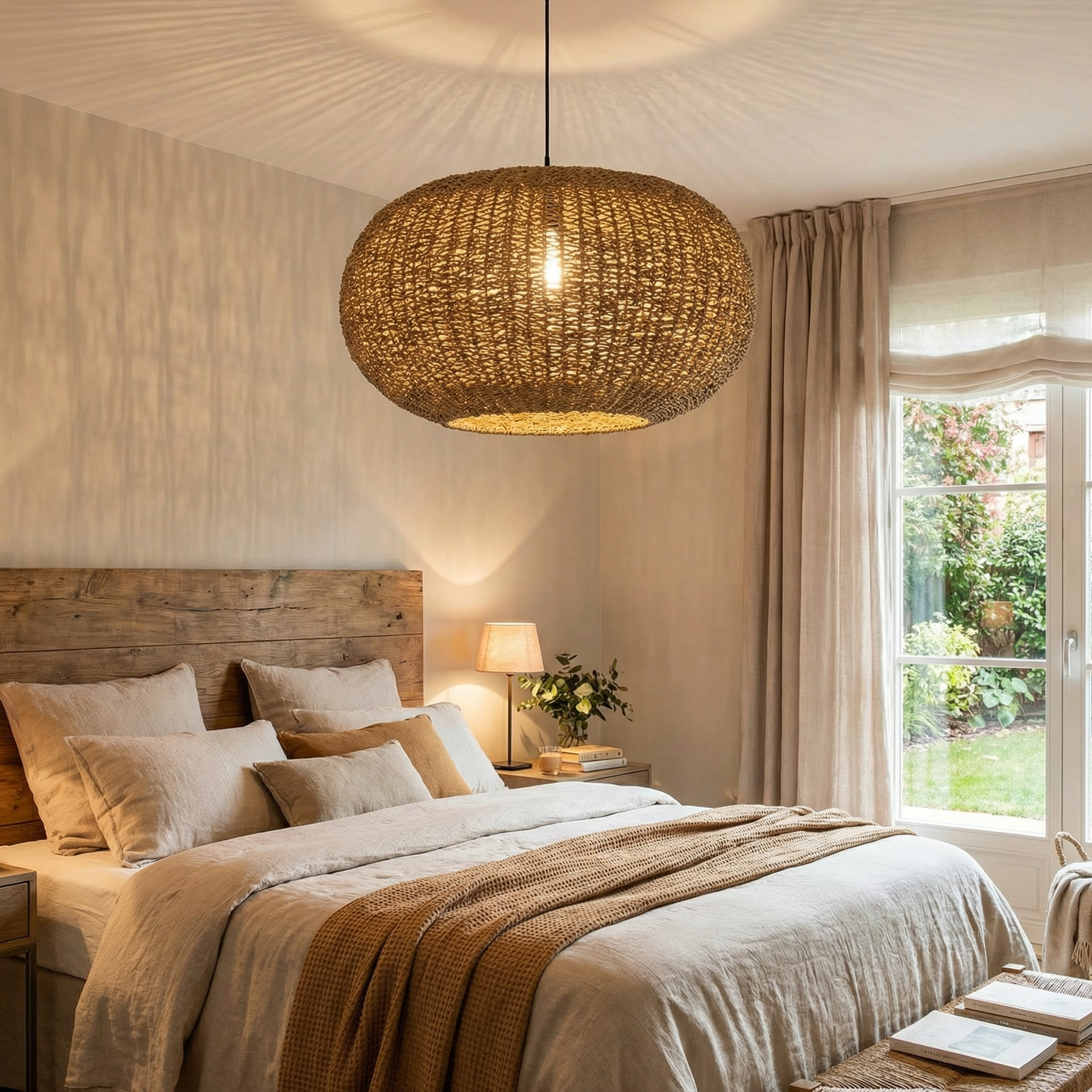 Handwoven Rattan Oval Pendant Light  Coastal Boho Chandelier for Living Room & Beach House