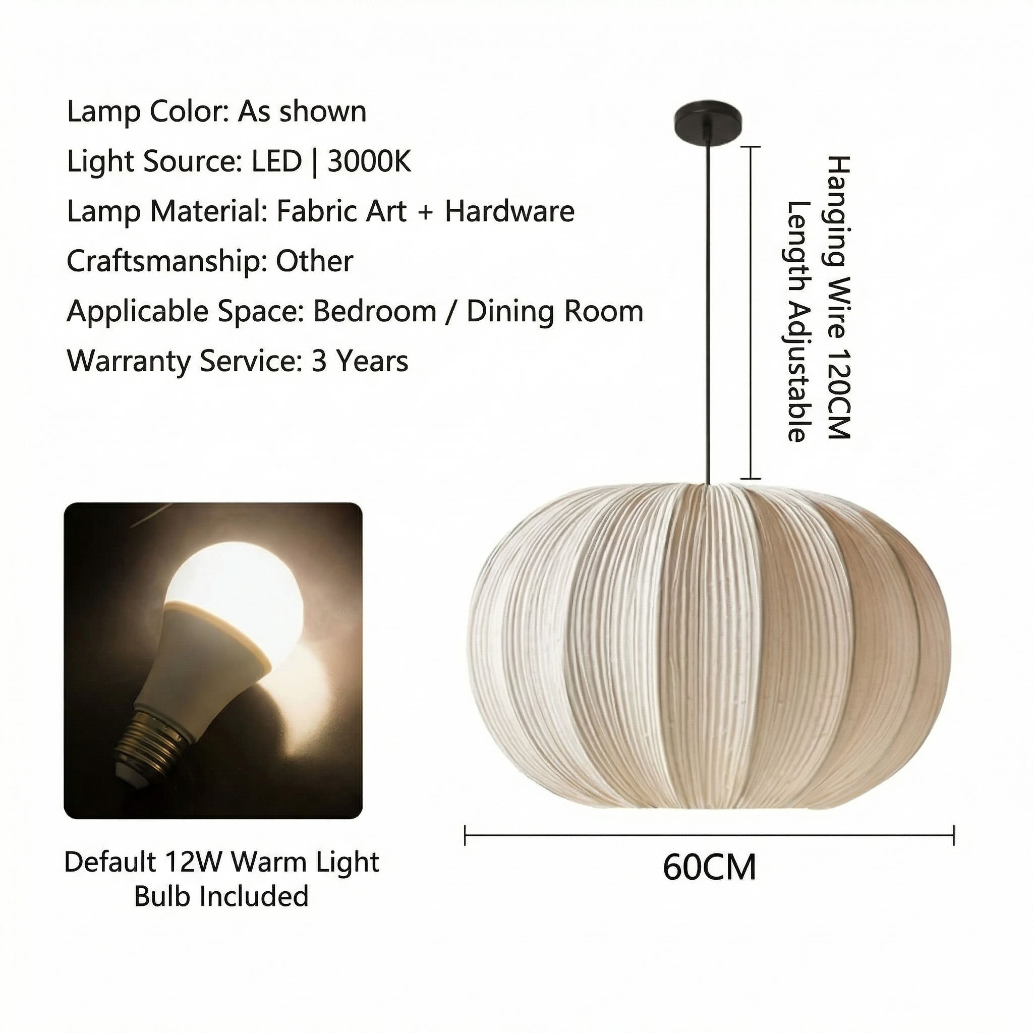 Wabi-Sabi Pleated Fabric Pendant Light Minimalist Linen Hanging Lamp for Bedroom & Dining Room