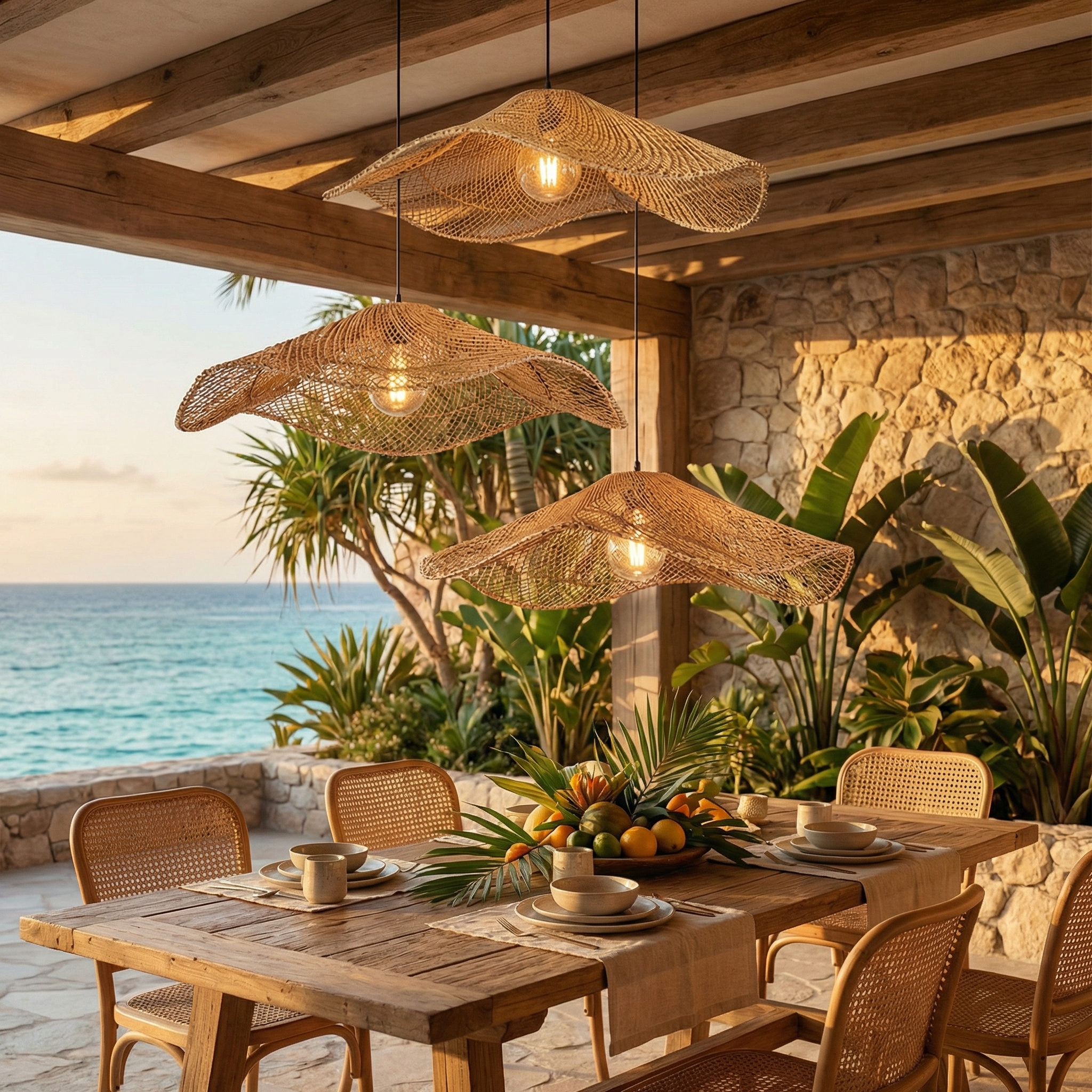 Boho Rattan Cluster Pendant Light  Woven Chandelier for Coastal & Wabi-Sabi Dining Areas