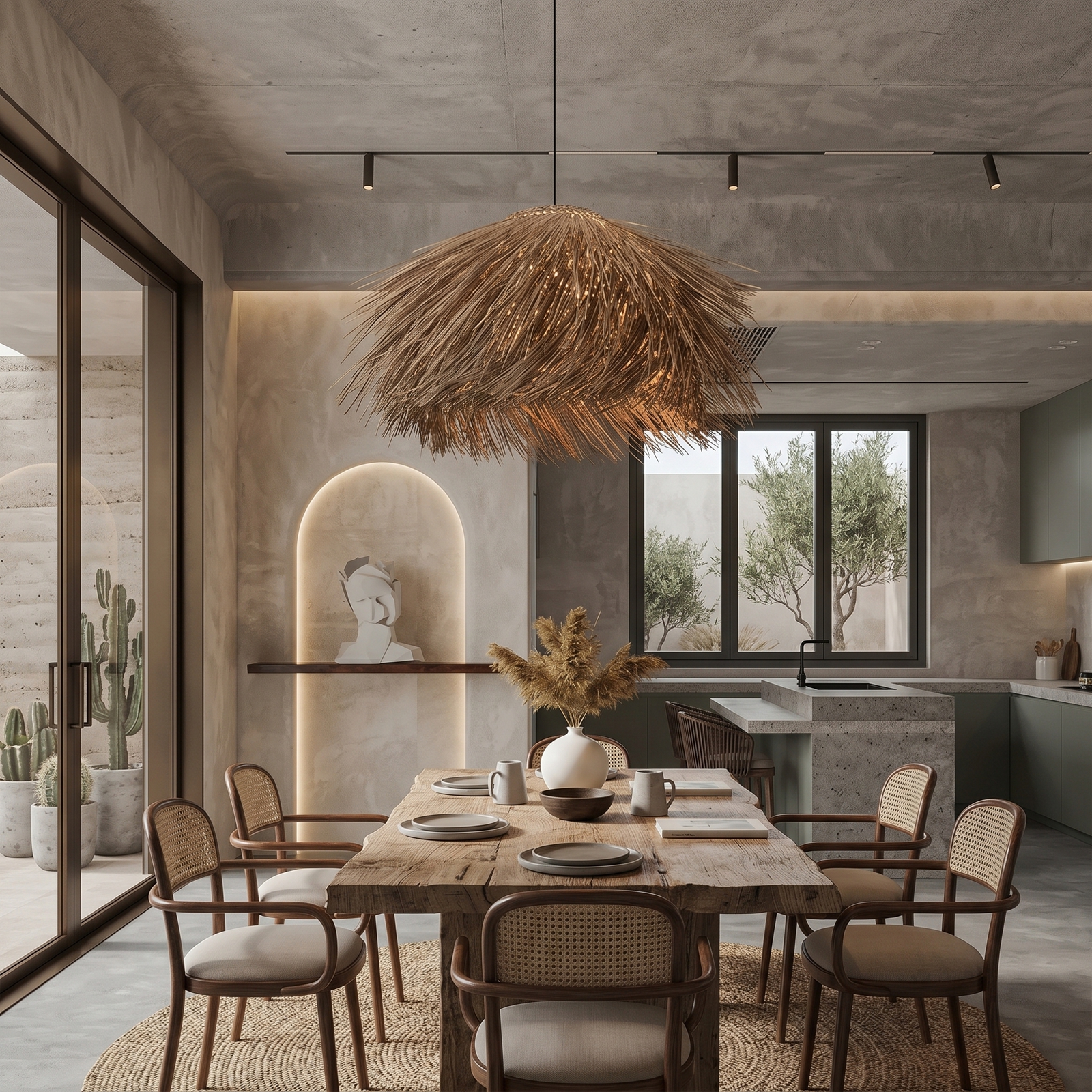 Wabi-sabi Style Rattan Brown Chandelier Dining Room Pendant Light