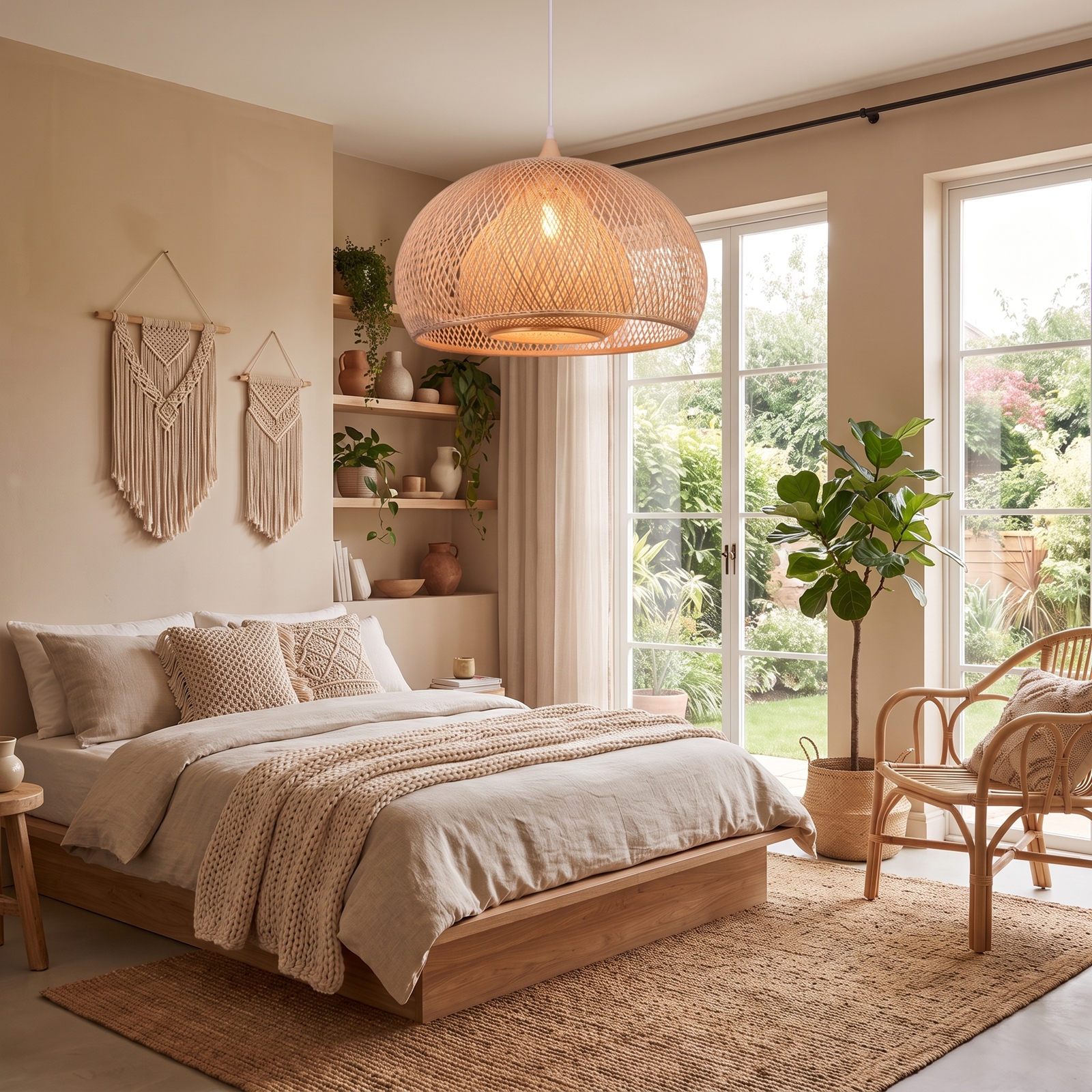 Open Weave Dome Rattan Pendant Light Boho Wicker Hanging Ceiling Lamp for Bedroom