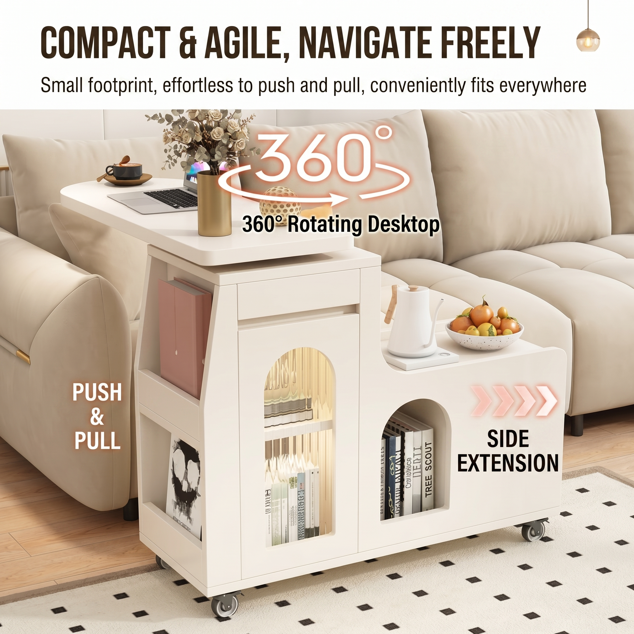 Movable Rotating Side Table Sofa Side Cabinet Living Room Storage Shelf
