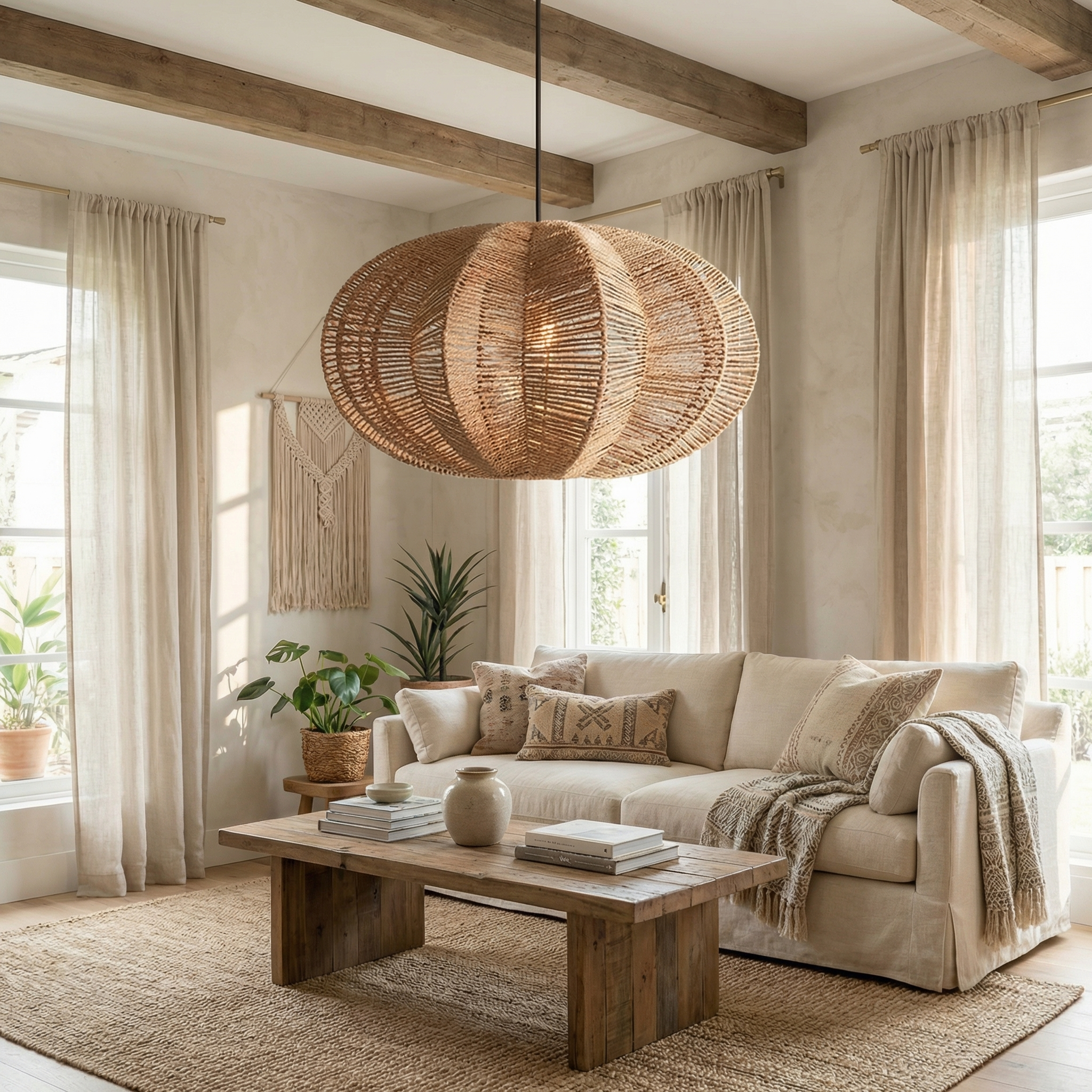 Natural Rattan Woven Pendant Lamp Rustic Coastal Ceiling Light Fixture