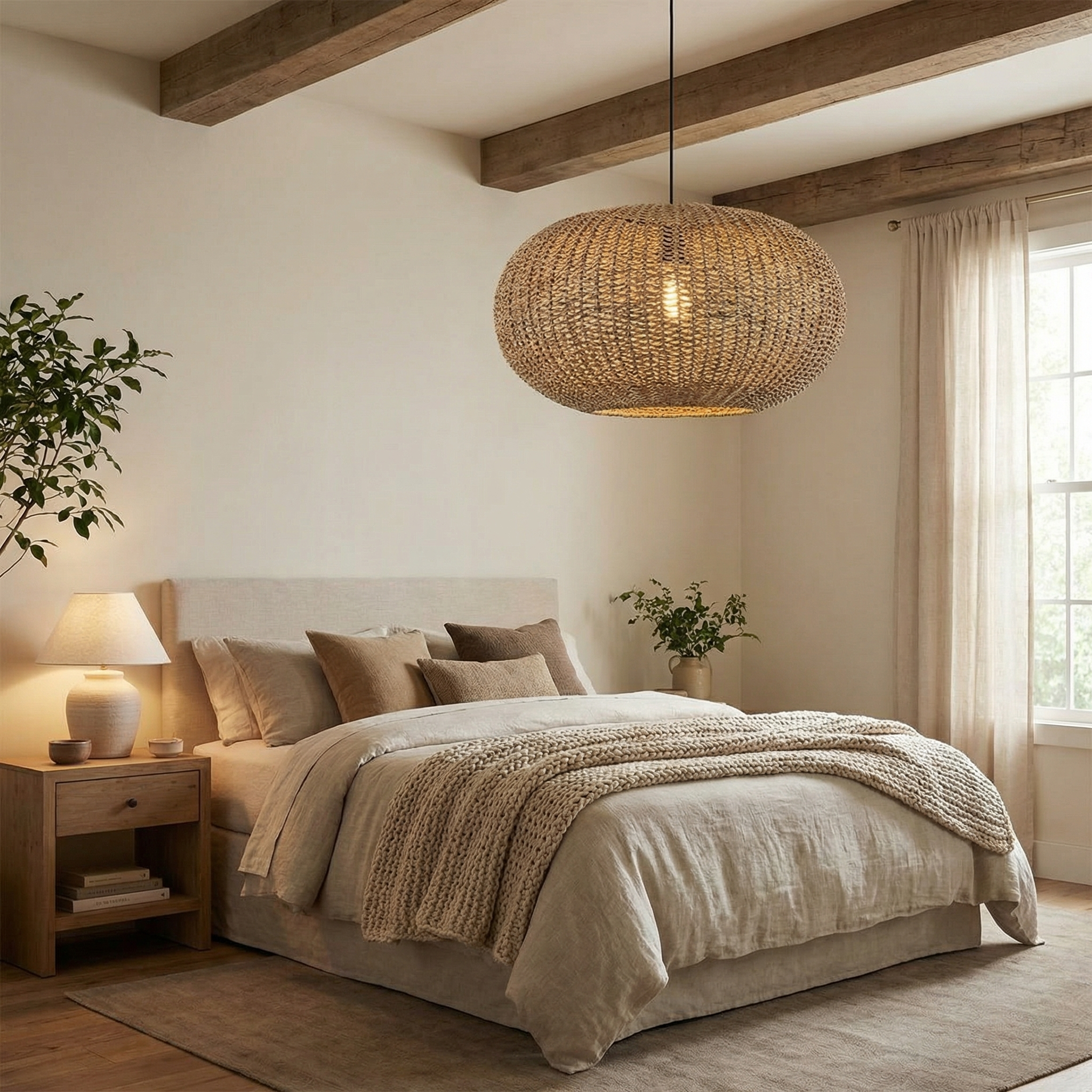 Handwoven Rattan Oval Pendant Light  Coastal Boho Chandelier for Living Room & Beach House