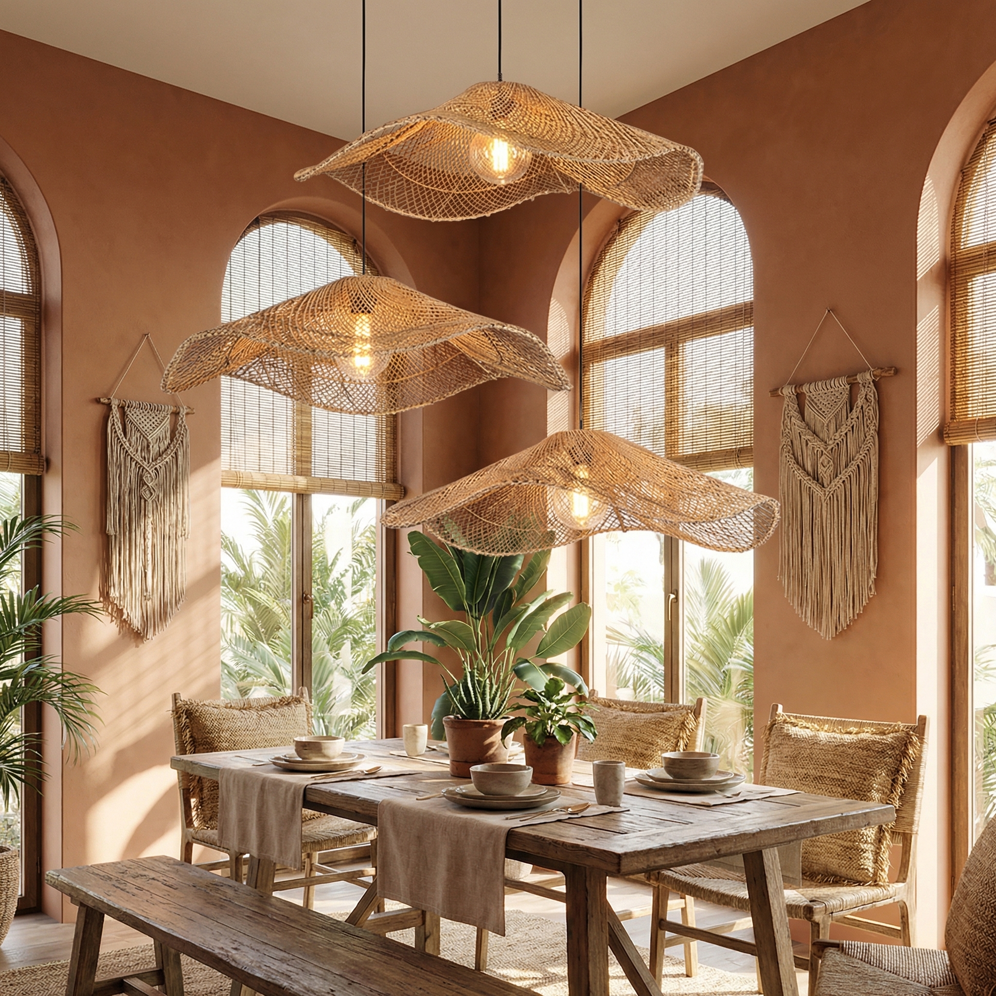 Boho Rattan Cluster Pendant Light  Woven Chandelier for Coastal & Wabi-Sabi Dining Areas