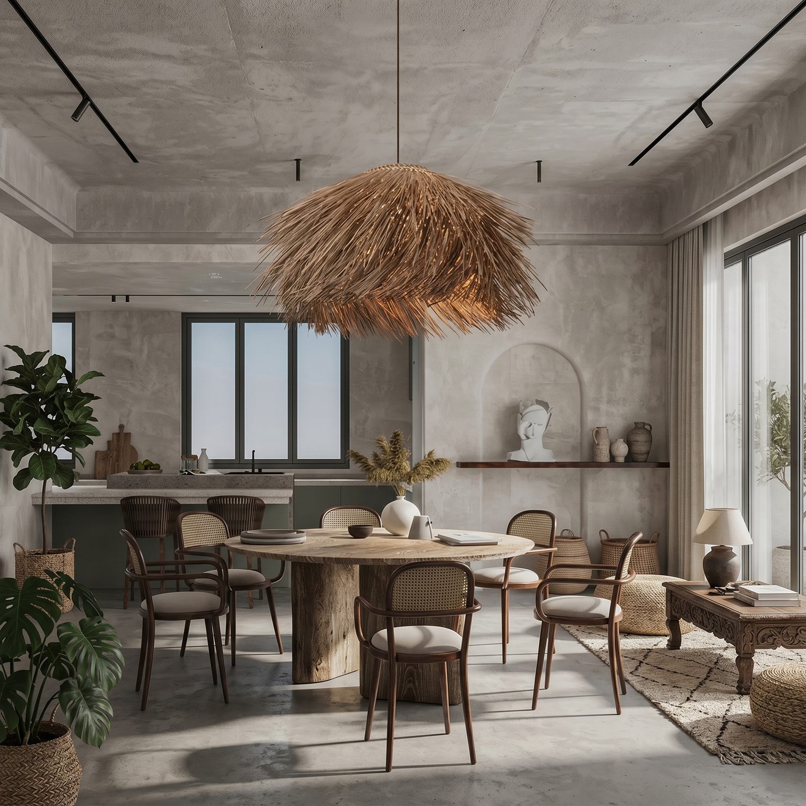 Wabi-sabi Style Rattan Brown Chandelier Dining Room Pendant Light