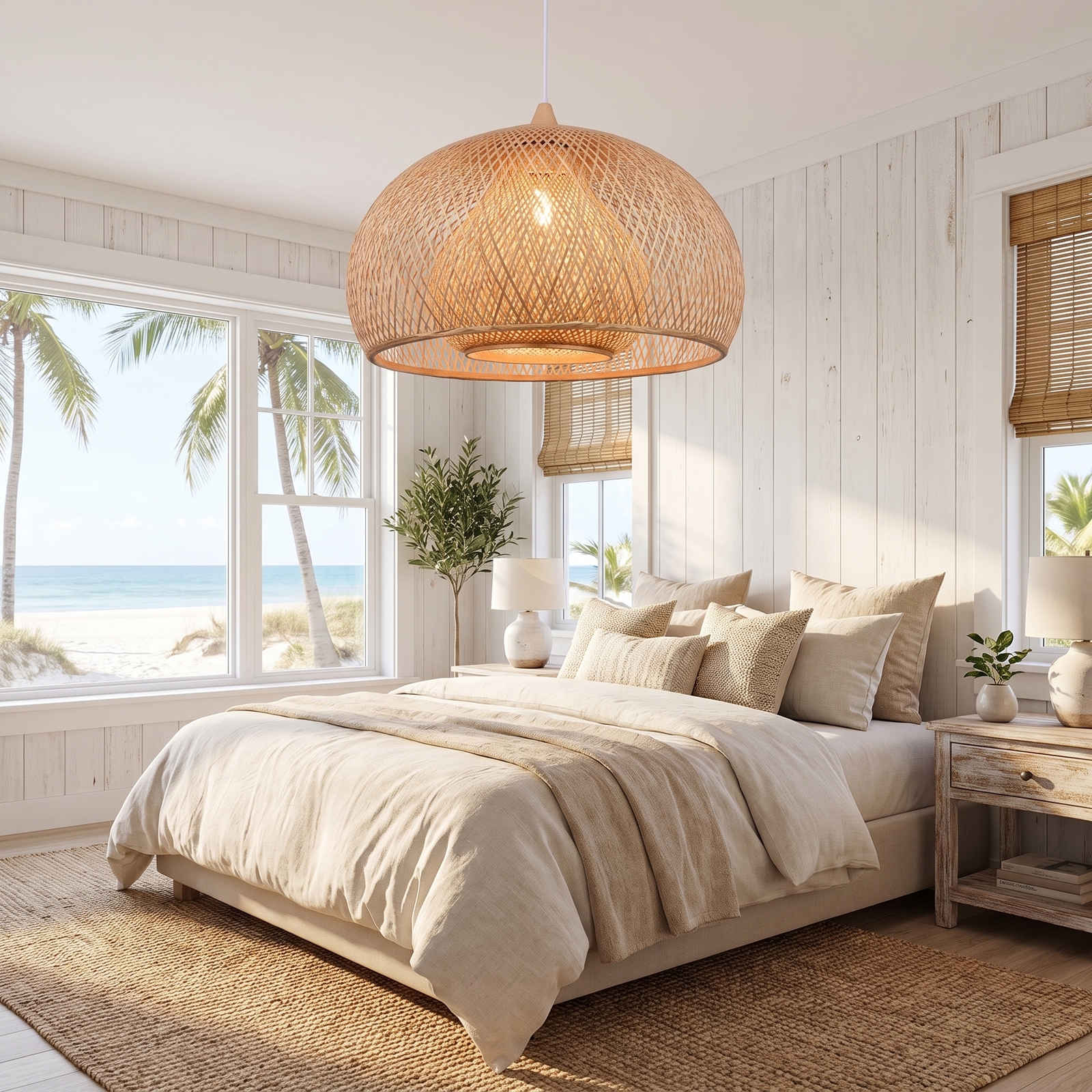 Open Weave Dome Rattan Pendant Light Boho Wicker Hanging Ceiling Lamp for Bedroom