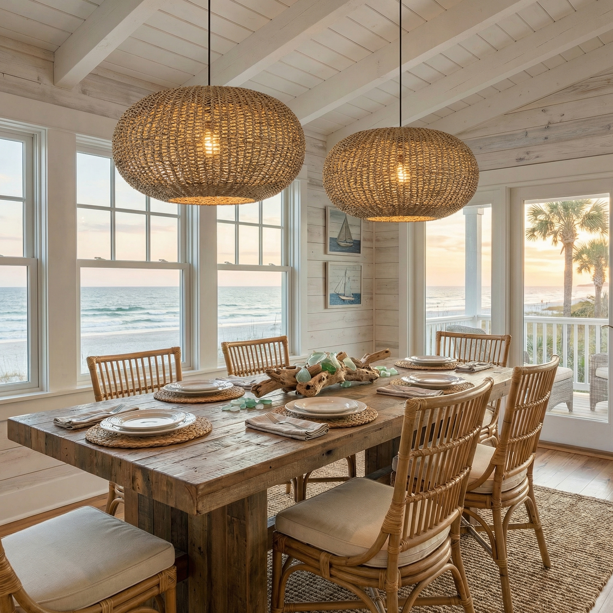 Handwoven Rattan Oval Pendant Light  Coastal Boho Chandelier for Living Room & Beach House