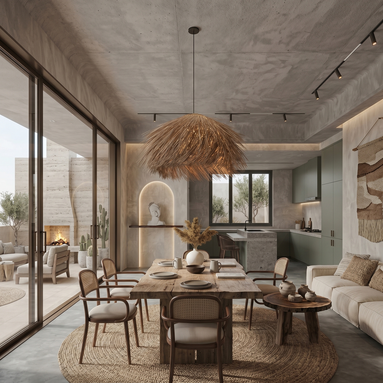 Wabi-sabi Style Rattan Brown Chandelier Dining Room Pendant Light