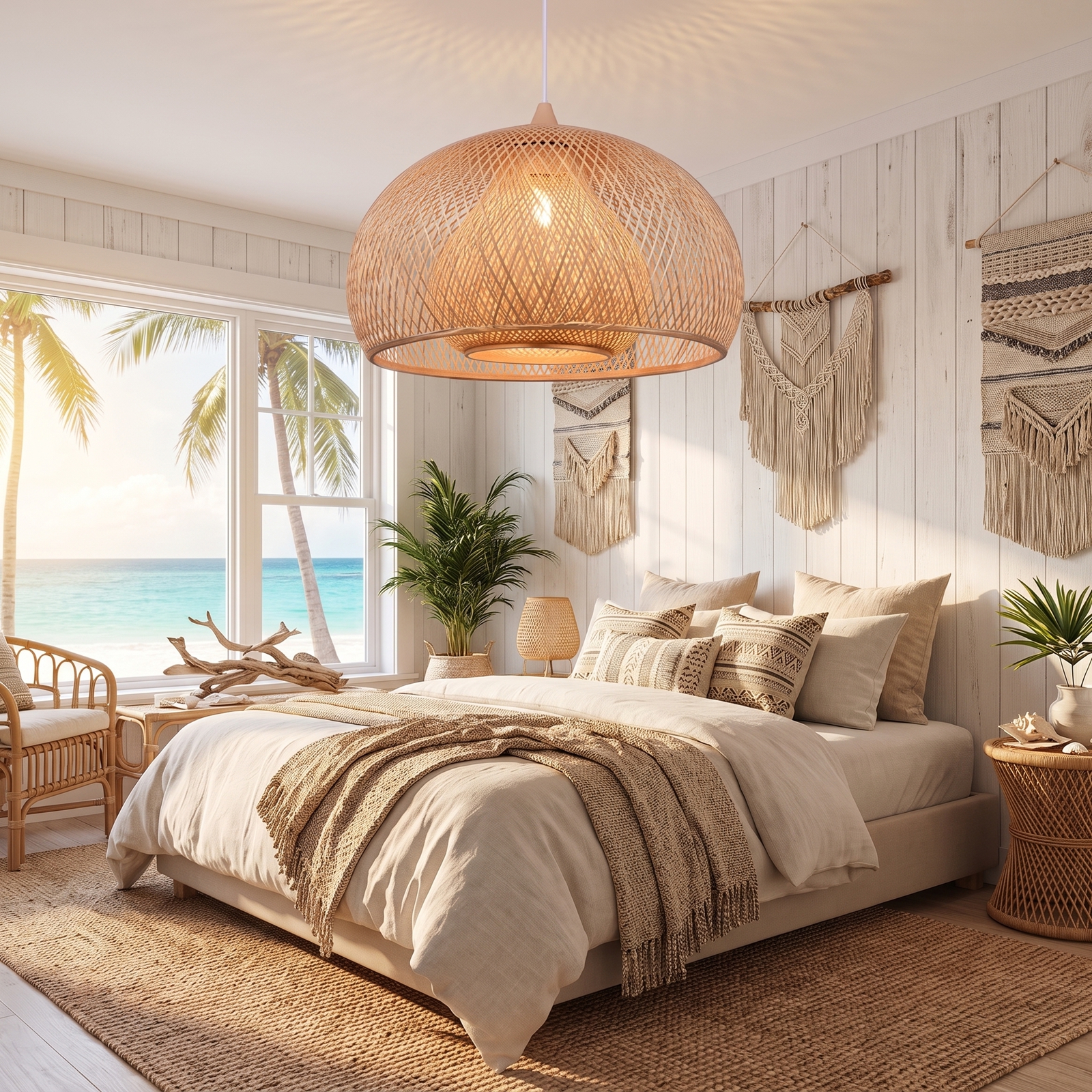Open Weave Dome Rattan Pendant Light Boho Wicker Hanging Ceiling Lamp for Bedroom