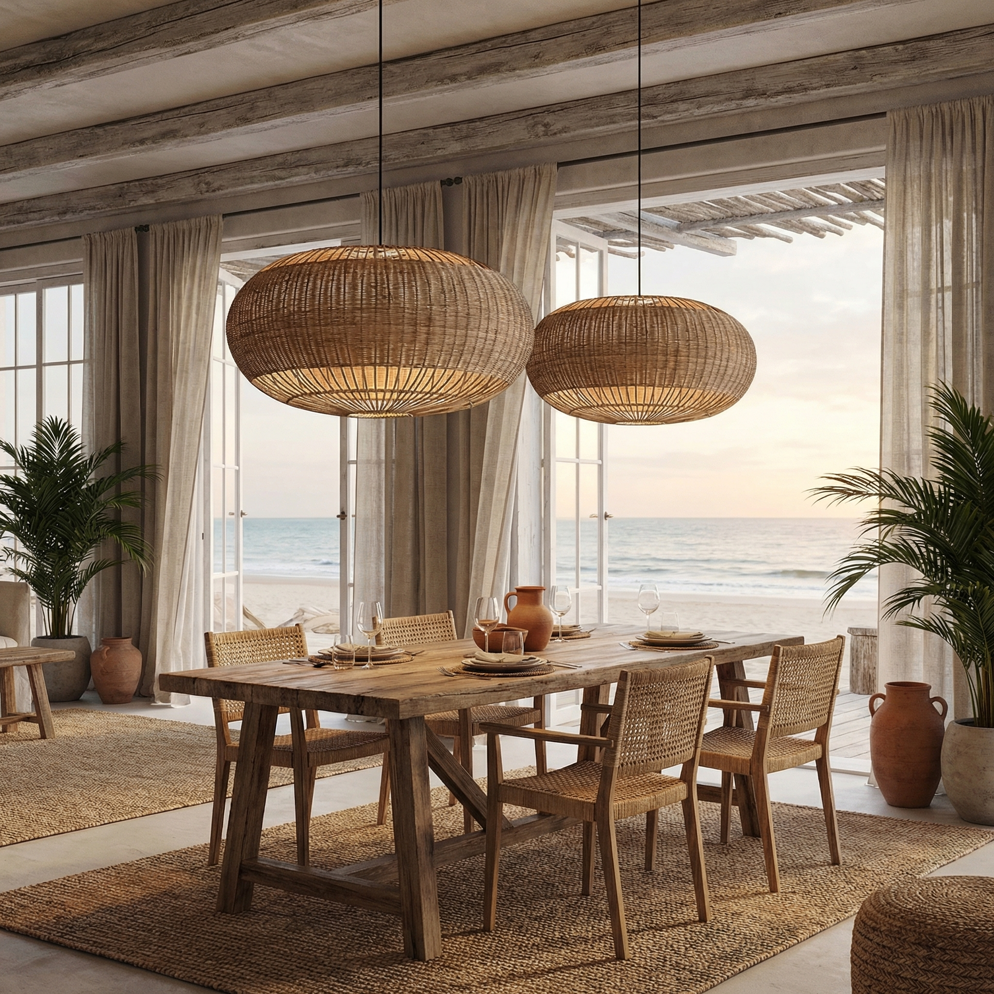 Rattan Chandelier Retro Wabi-sabi  Style Dining Room Pendant Light