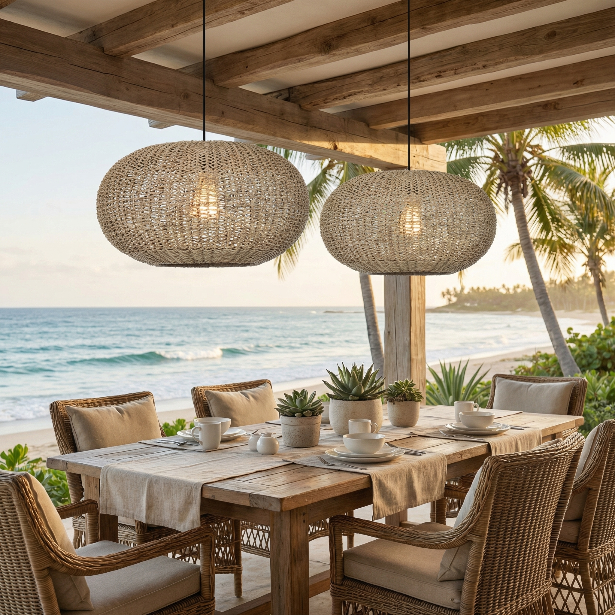 Handwoven Rattan Oval Pendant Light  Coastal Boho Chandelier for Living Room & Beach House