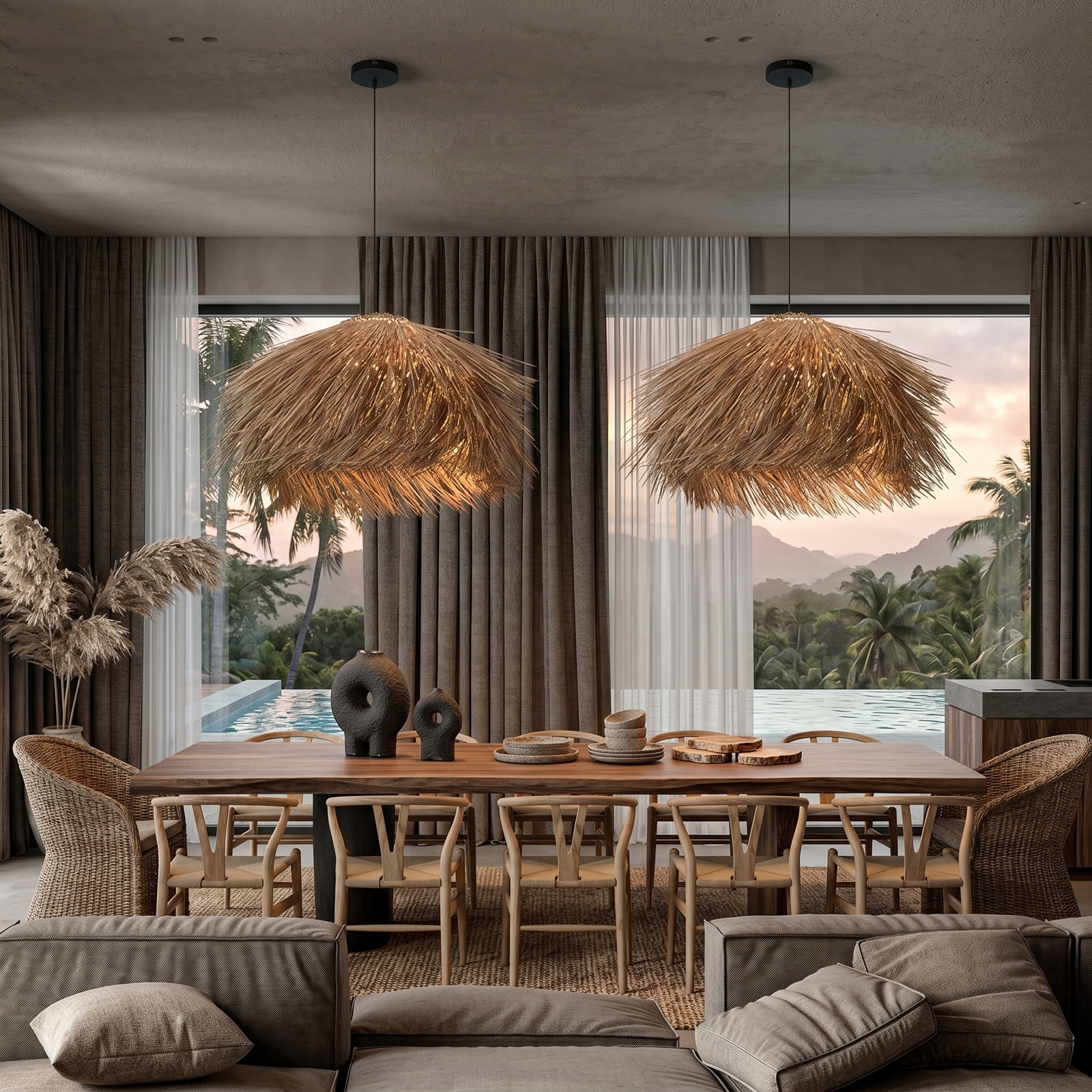Wabi-sabi Style Rattan Brown Chandelier Dining Room Pendant Light