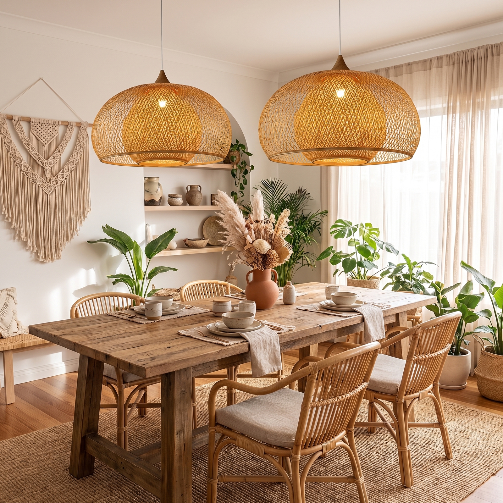 Open Weave Dome Rattan Pendant Light Boho Wicker Hanging Ceiling Lamp for Bedroom