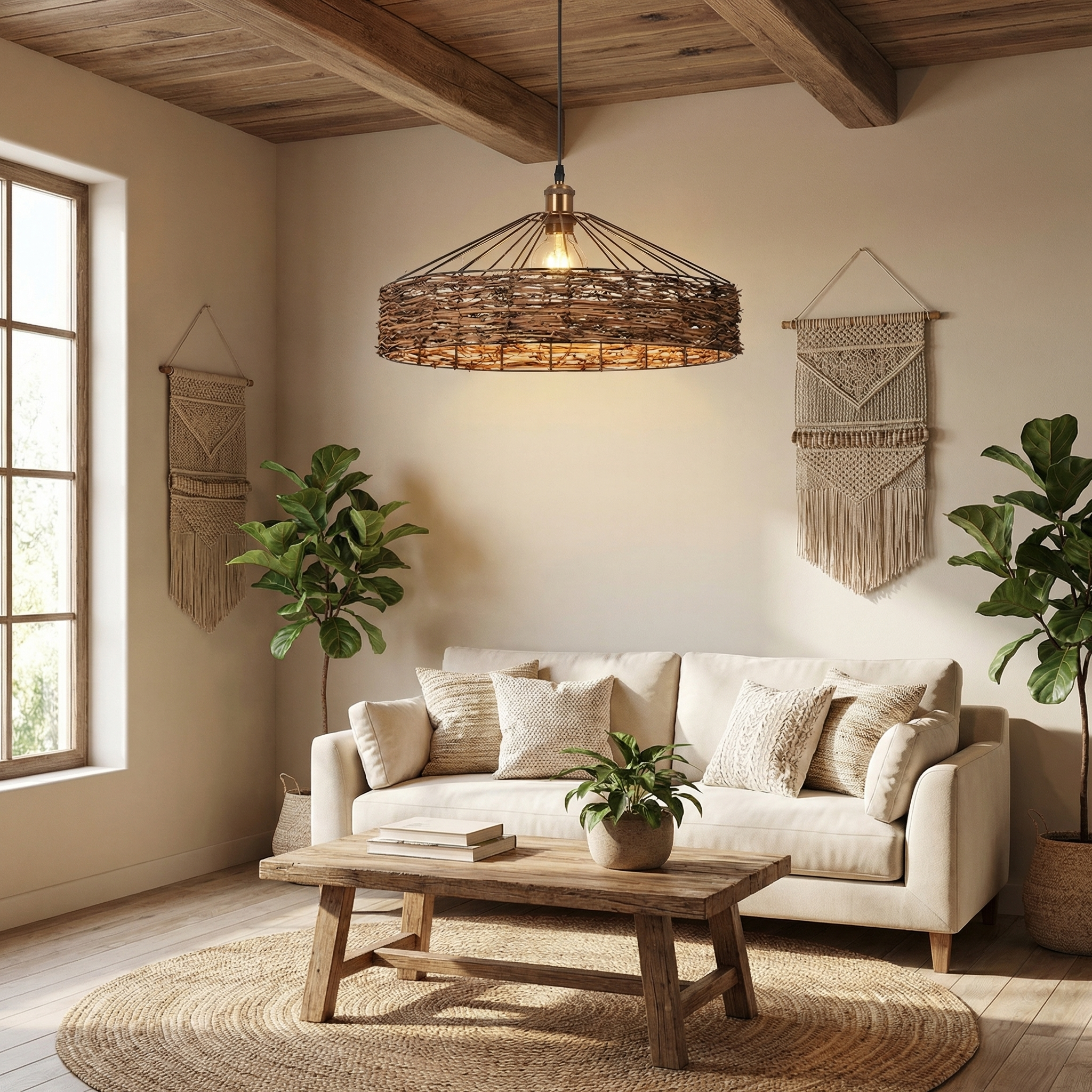 Natural Handwoven Rattan Pendant Lamp Industrial Farmhouse Ceiling Light for Coastal & Wabi-Sabi Decor