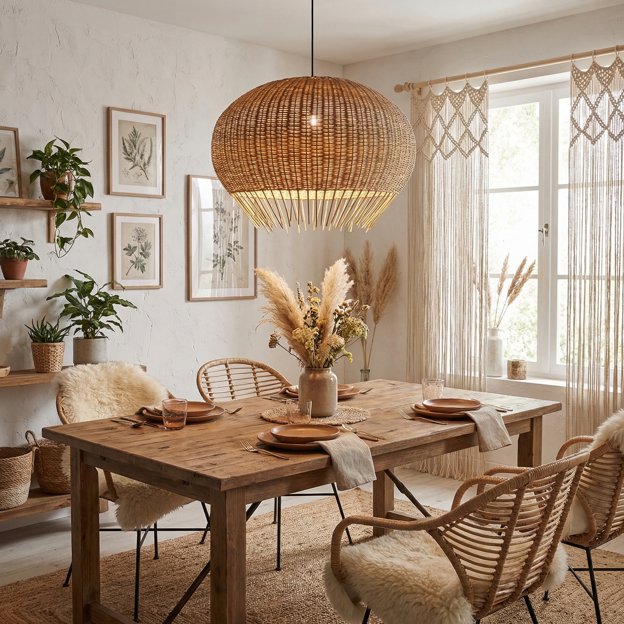 Rustic Rattan Pendant Lamp Wicker Chandelier Hand-Woven Boho Basket Lampshade