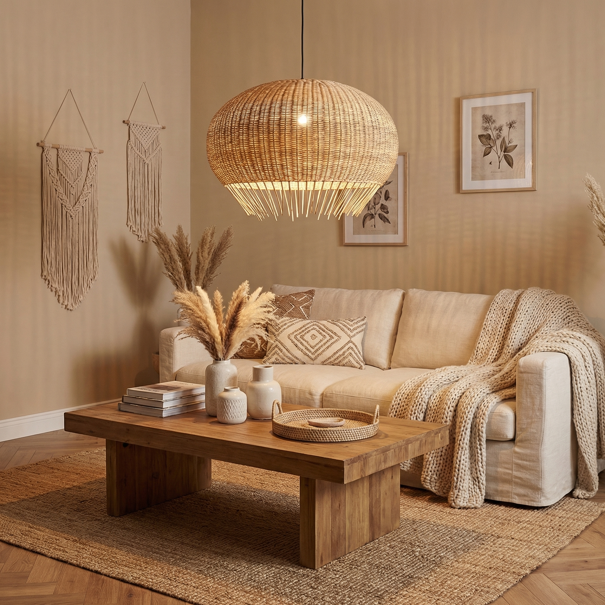 Rustic Rattan Pendant Lamp Wicker Chandelier Hand-Woven Boho Basket Lampshade DIY Handmade Hanging Light