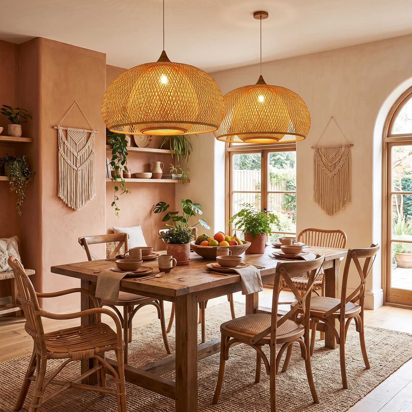 Open Weave Dome Rattan Pendant Light Boho Wicker Hanging Ceiling Lamp for Bedroom
