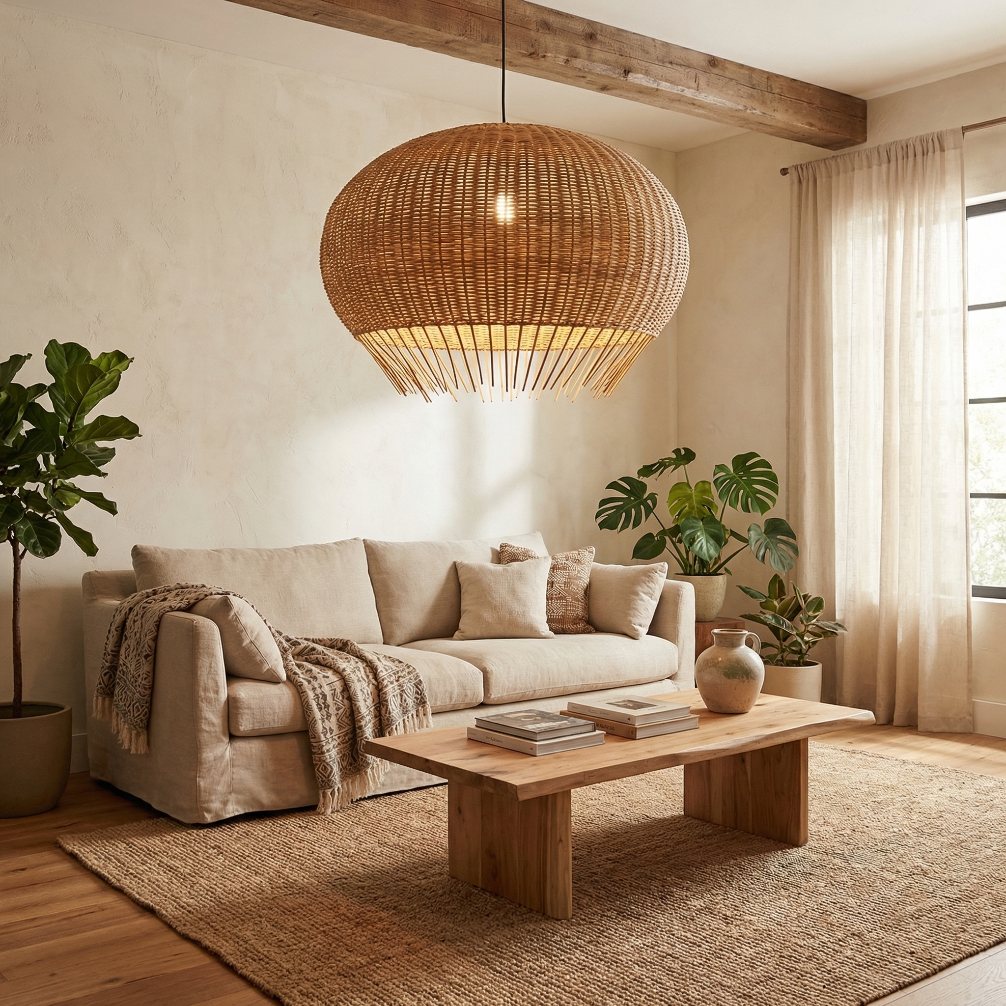 Rustic Rattan Pendant Lamp Wicker Chandelier Hand-Woven Boho Basket Lampshade