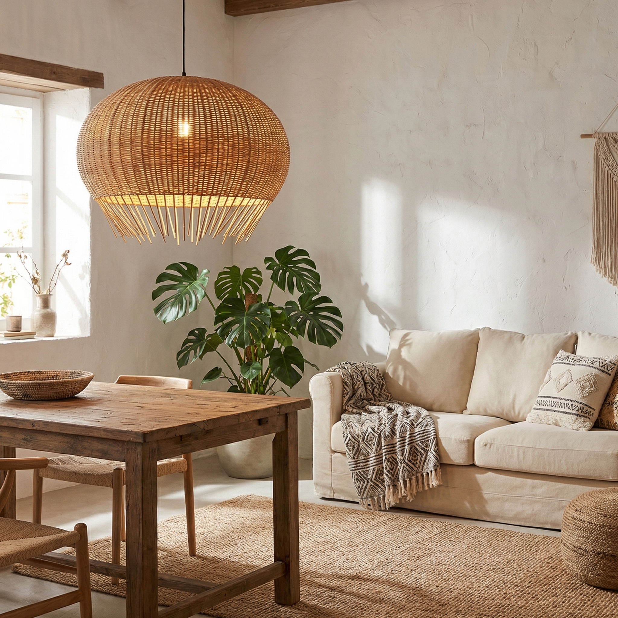 Rustic Rattan Pendant Lamp Wicker Chandelier Hand-Woven Boho Basket Lampshade DIY Handmade Hanging Light