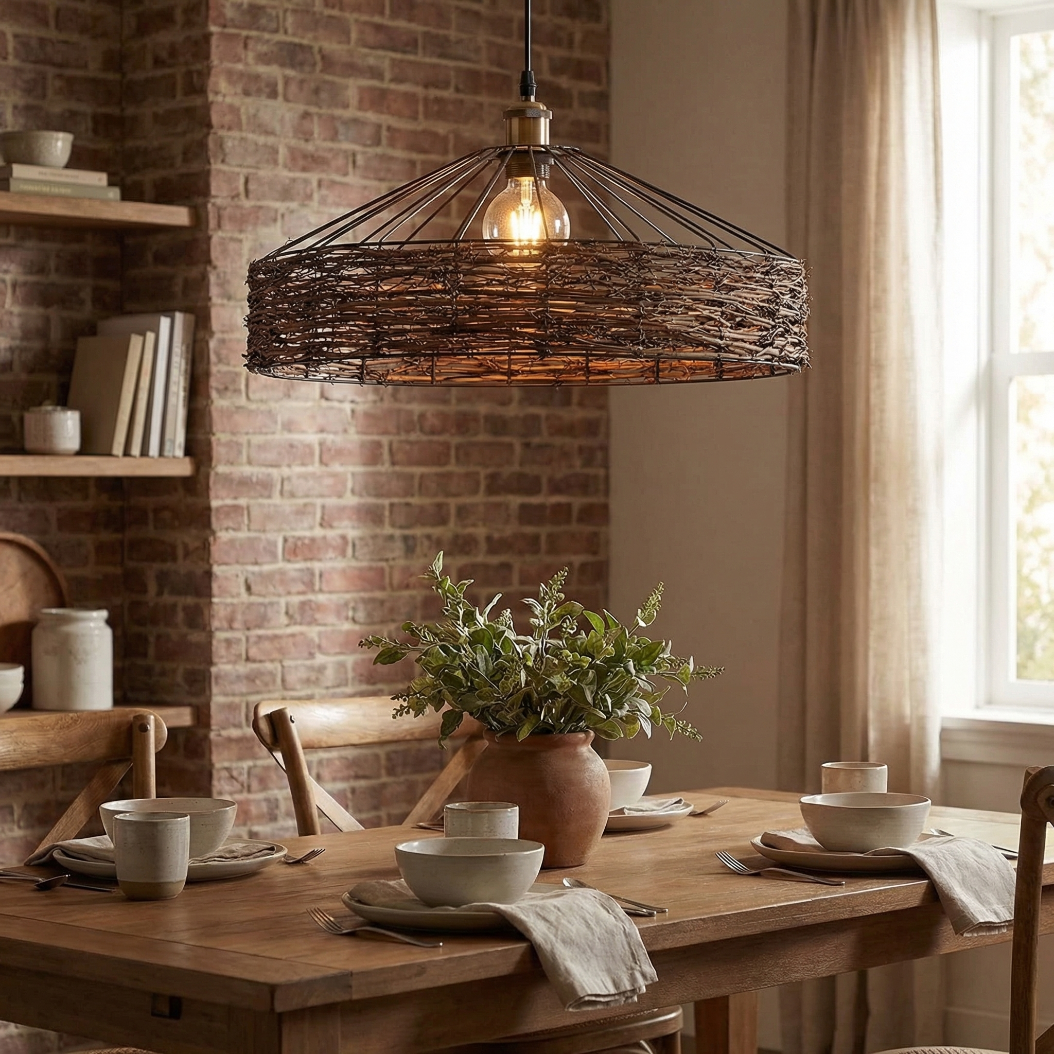 Natural Handwoven Rattan Pendant Lamp Industrial Farmhouse Ceiling Light for Coastal & Wabi-Sabi Decor