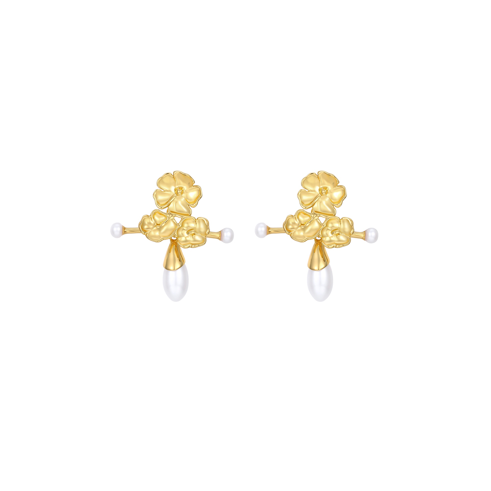 Wild Rose Collection Triflorous Earrings With Pearls