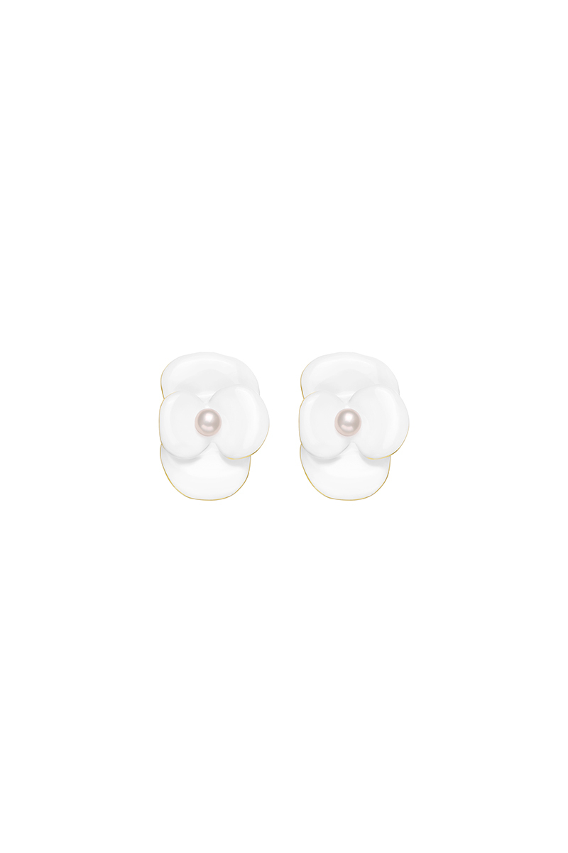 Corn Poppy Collection White Flower Pearl Enamel Earrings