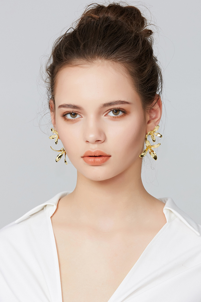 Orchids Collection Bifloral Drop Earrings 14k Gold Plated