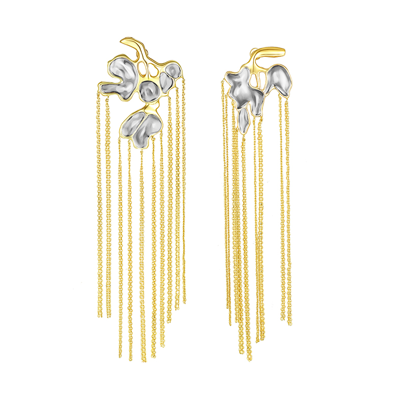 Wisteria Collection Asymmetric Golden And Silver Tassel Earrings
