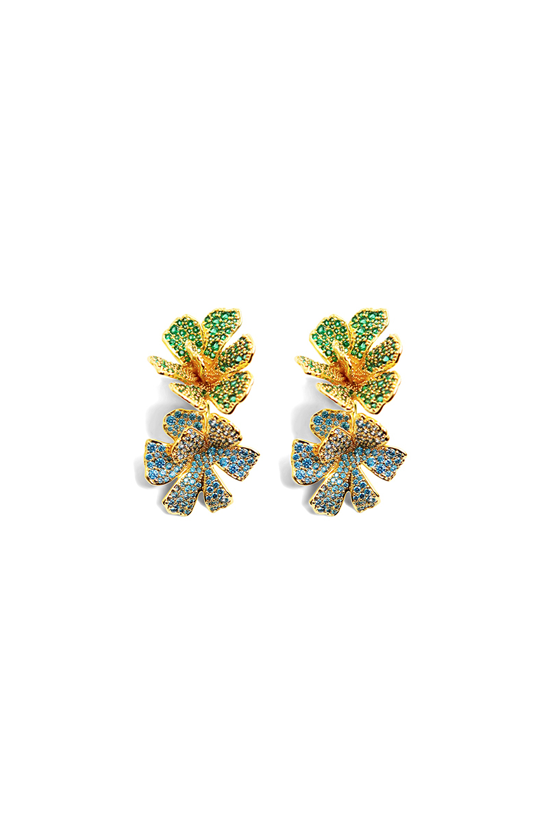 Cosmos Collection Blue And Green Bifloral Earrings Full Of Diamonds