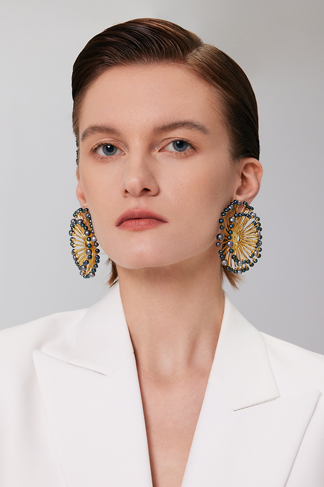 Eucalyptus Collection Double Layer Flower Multi-pearl Earrings